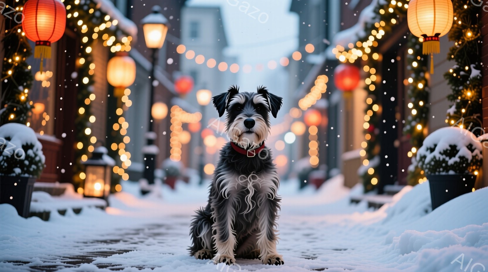灰色の毛並みを持つ小型犬が雪に覆われた石畳の道に座っています。犬は赤い首輪を付けており、正面を見て穏やかな表情を浮かべています。背景には、イルミネーションで飾られた通りが広がり、雪が舞い散る冬の夜の温かく幻想的な雰囲気を醸し出しています。