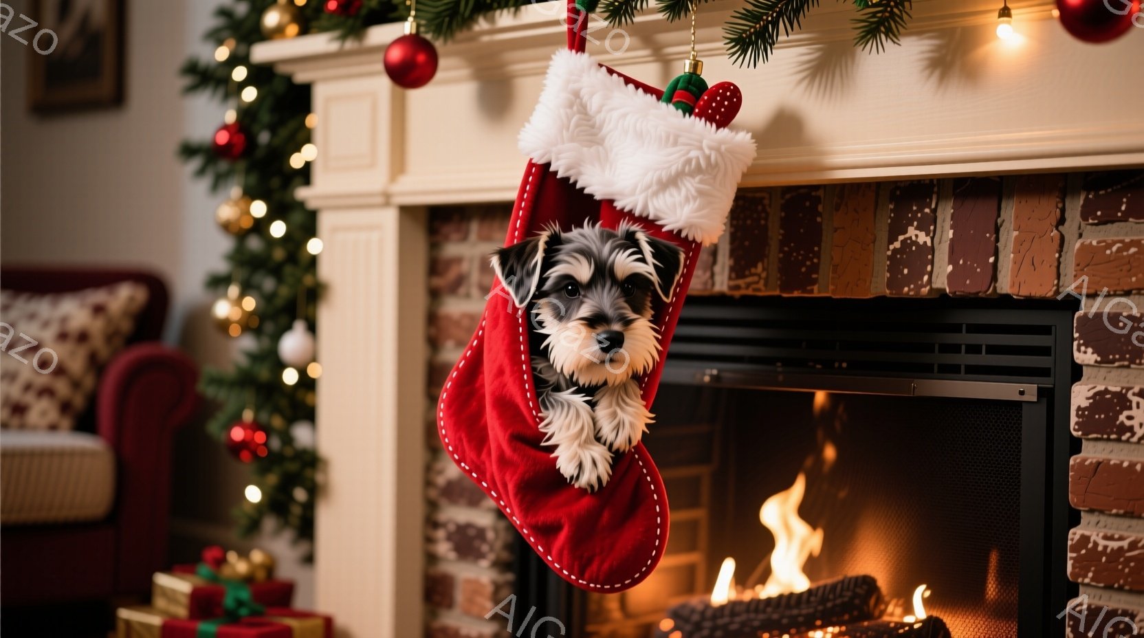 赤いクリスマスストッキングの中に、毛むくじゃらの小さな犬が顔を出しています。背景にはレンガ造りの暖炉があり、炎が燃え盛っています。クリスマスツリーの飾りやプレゼントボックスが暖かく、居心地の良い雰囲気 - AI生成フリー素材