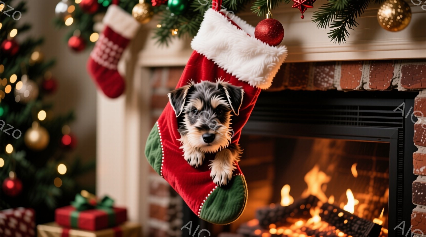 赤いクリスマスストッキングの中に、ふわふわのテリアの子犬がちょこんと座っています。暖炉の火が灯り、背景にはクリスマスツリーとプレゼントボックスが見え、温かく幸せなクリスマスの雰囲気が漂っています。子犬 - AI生成フリー素材