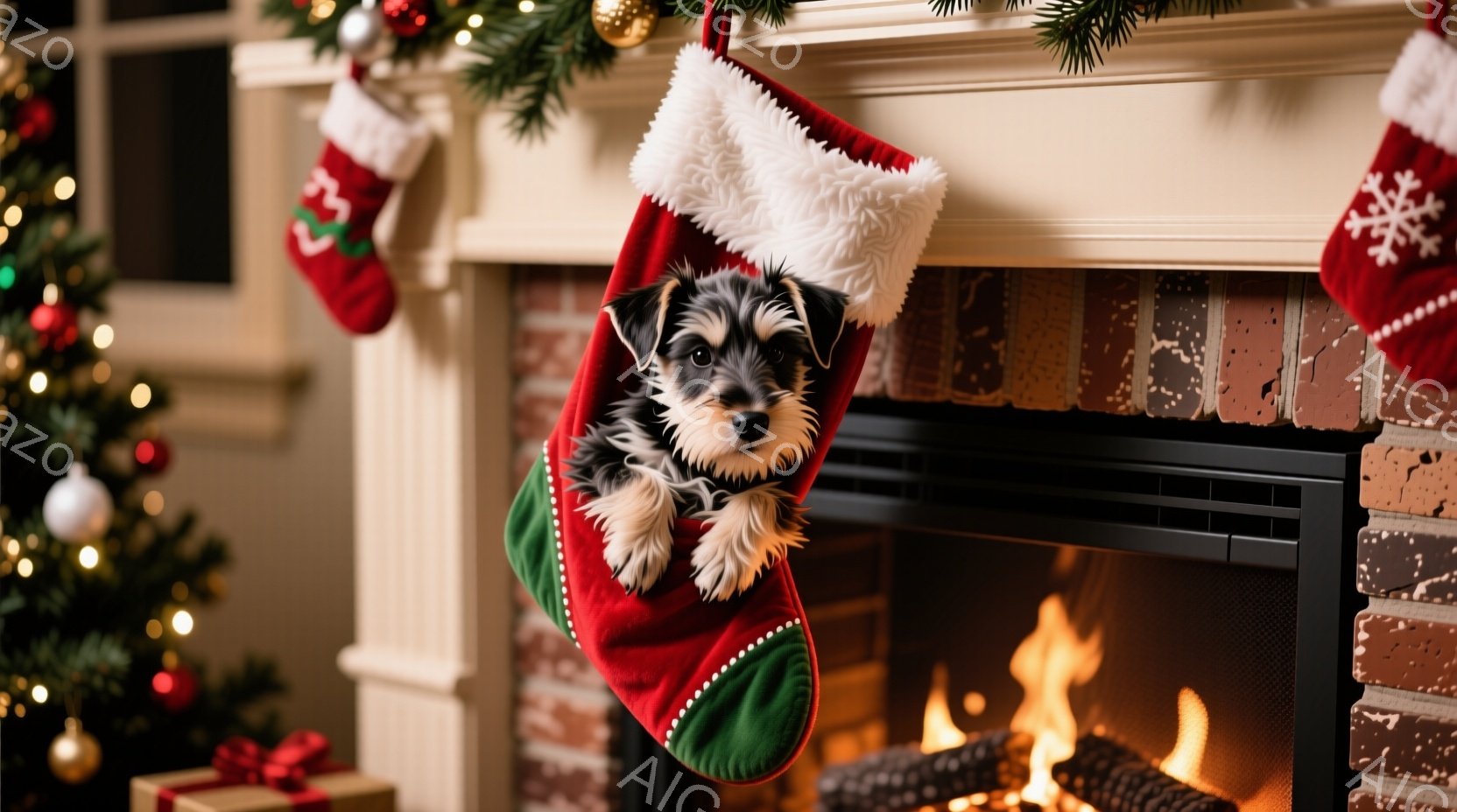 クリスマスツリーと暖炉のある室内で、小さなテリア犬が赤いクリスマスストッキングの中から顔を出しています。犬は少し困惑した表情で、興味深そうにこちらを見ています。背景には、装飾されたクリスマスツリーと、暖かく燃える暖炉があり、全体的に温かく、お祝いの雰囲気が漂っています。