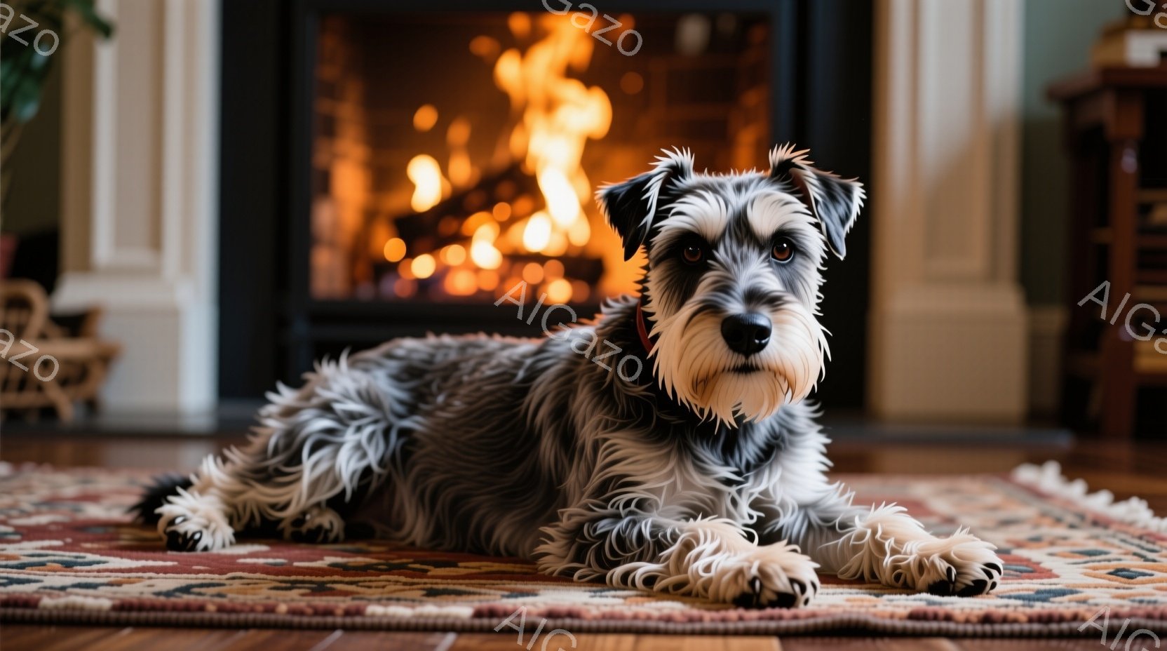 灰色の毛並みを持つテリア犬が、ペルシャ絨毯の上に横たわっています。犬はカメラに向かってまっすぐ視線を送り、穏やかで落ち着いた表情をしています。背景には暖炉があり、燃え盛る炎が暖かく居心地の良い雰囲気を醸し出しています。