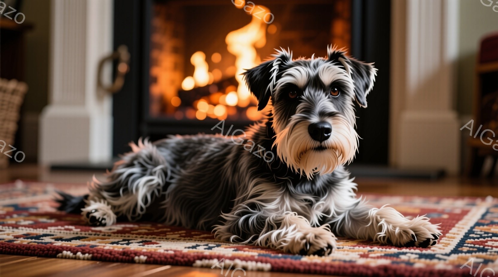 粗い毛並みを持つ、黒と白のテリア犬が、カラフルな敷物の上でリラックスして横たわっています。犬は正面を見ており、鋭く知的な表情をしています。背景には暖炉があり、燃え盛る炎が心地よい雰囲気を醸し出しています。