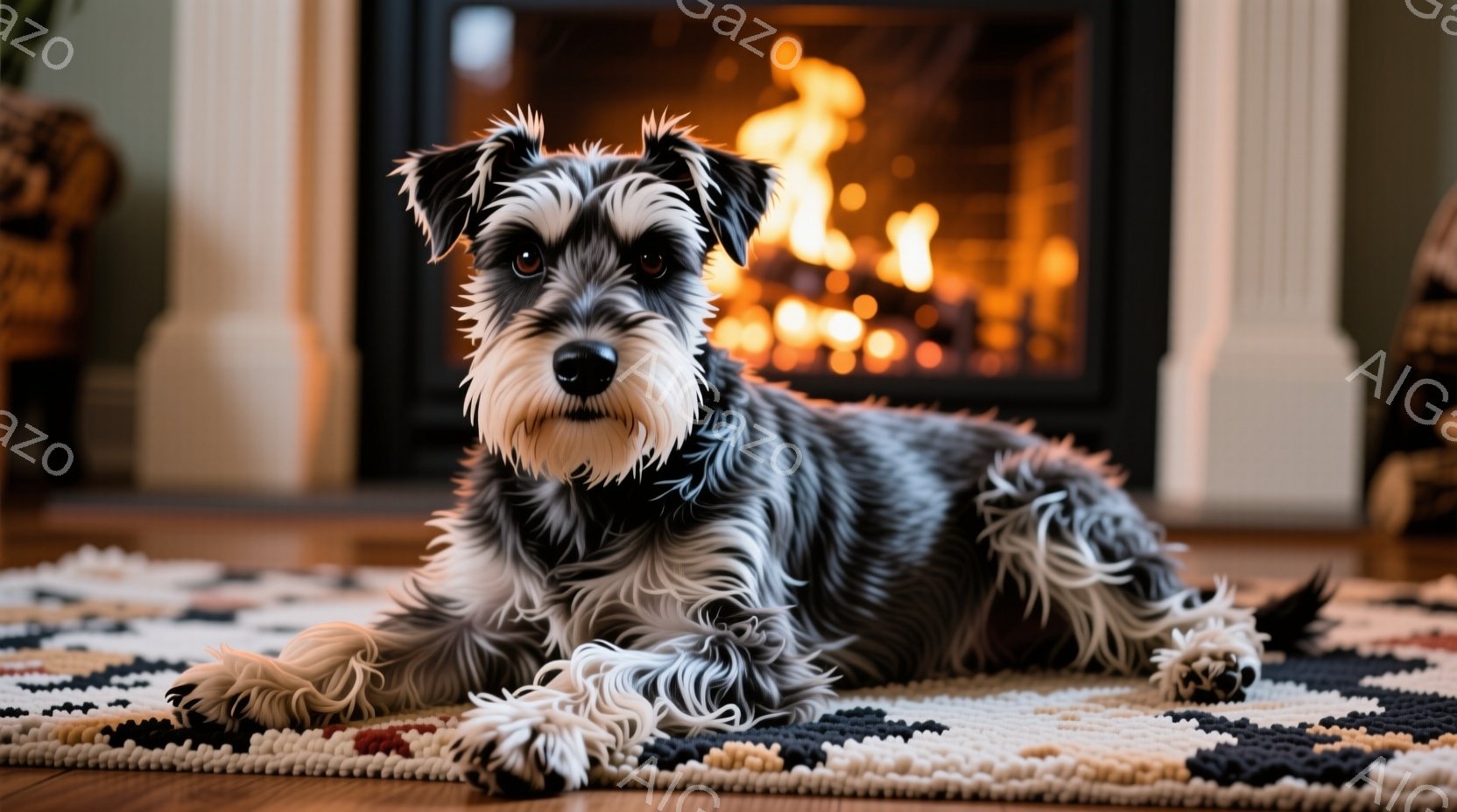 雪が降る中、ニット帽をかぶった少女が雪だるまの腕を作っています。彼女は赤いジャケットを着ており、顔には笑顔が浮かんでいます。黒と白のテリア犬が楽しそうに走り、背景にはぼんやりとした木々と輝く電飾が広がっています。