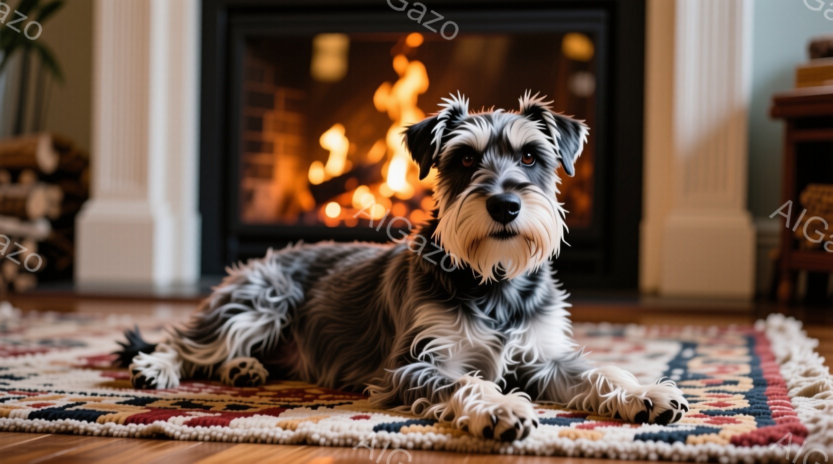 灰色の毛並みを持つミニチュアシュナウザーが、カラフルな模様のラグの上に横たわっています。犬はリラックスした表情でカメラを見つめ、前足は軽く伸ばされています。背景には暖炉があり、炎が燃え盛っているのが見え、温かく居心地の良い雰囲気を醸し出しています。