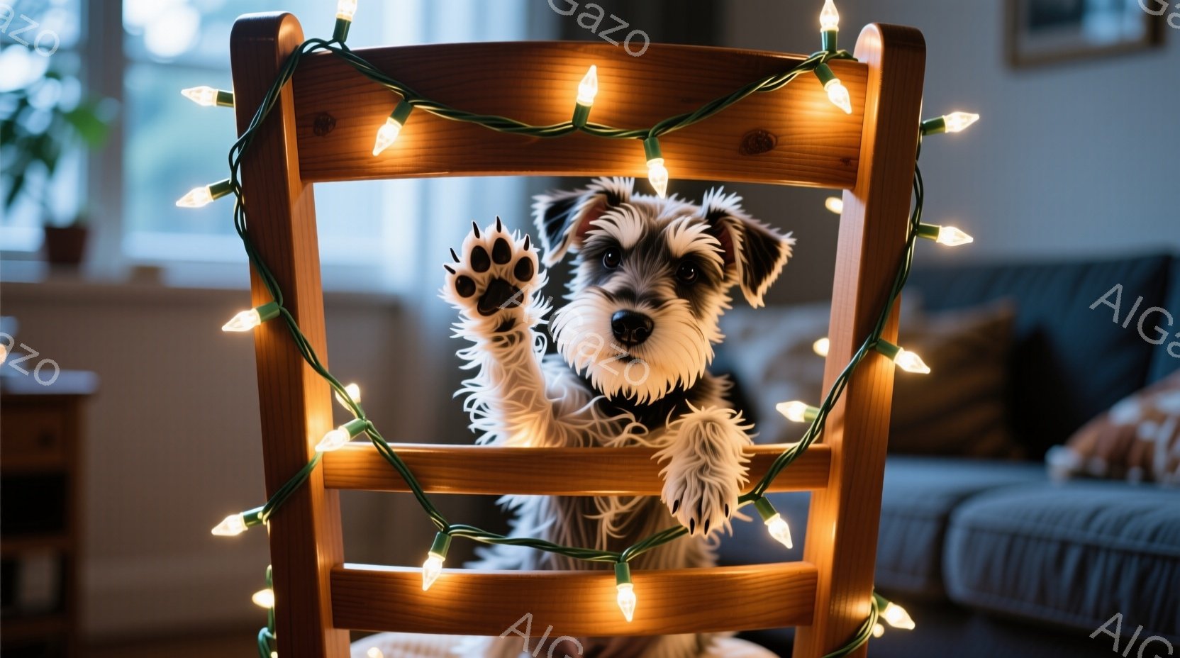 小さな黒い犬が木の椅子にもたれかかっており、前足で椅子の上部をつかんでいます。背景には、ぼやけたリビングルームの家具と、輝く電飾が飾られています。全体的に、温かく、遊び心のある、クリスマスの雰囲気が漂 - AI生成フリー素材