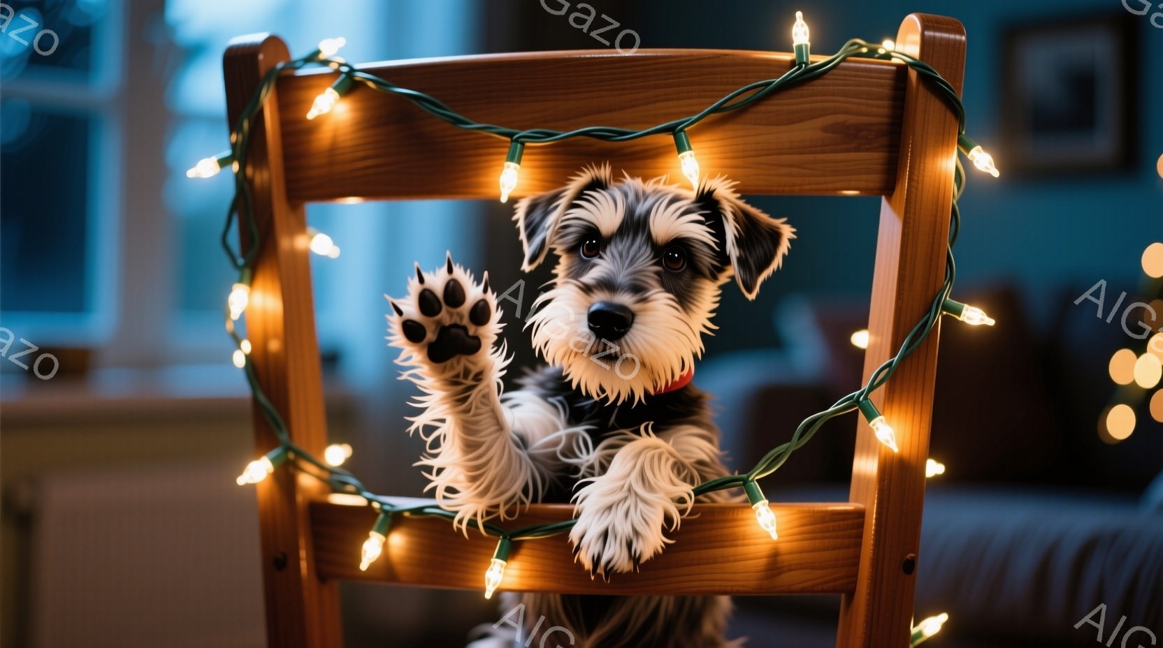 背もたれに前足をかけているテリアの子犬が写っています。子犬は赤い襟をつけており、少しいたずらっぽい表情でカメラを見ています。背景にはぼやけた室内が写り、暖色のクリスマスライトが子犬を囲み、温かく楽しい - AI生成フリー素材