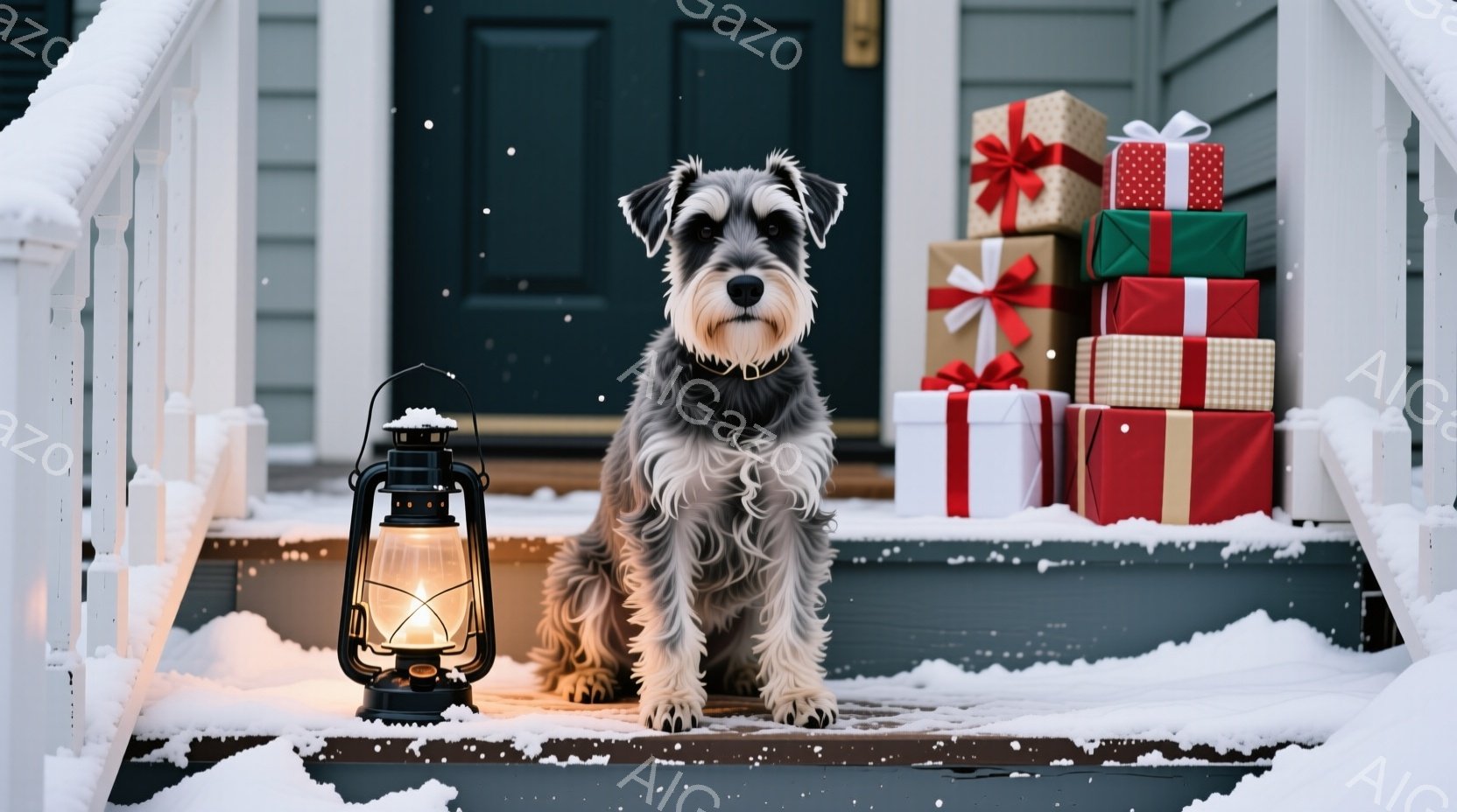 雪が降る家の外階段に、テリア犬が座っています。犬は灰色の粗い毛並みで、首輪をつけており、まっすぐ前を見て穏やかな表情をしています。背景にはプレゼントの山が積み上げられ、暖色のランタンが雪の中できらめき、冬の穏やかで温かい雰囲気を演出しています。