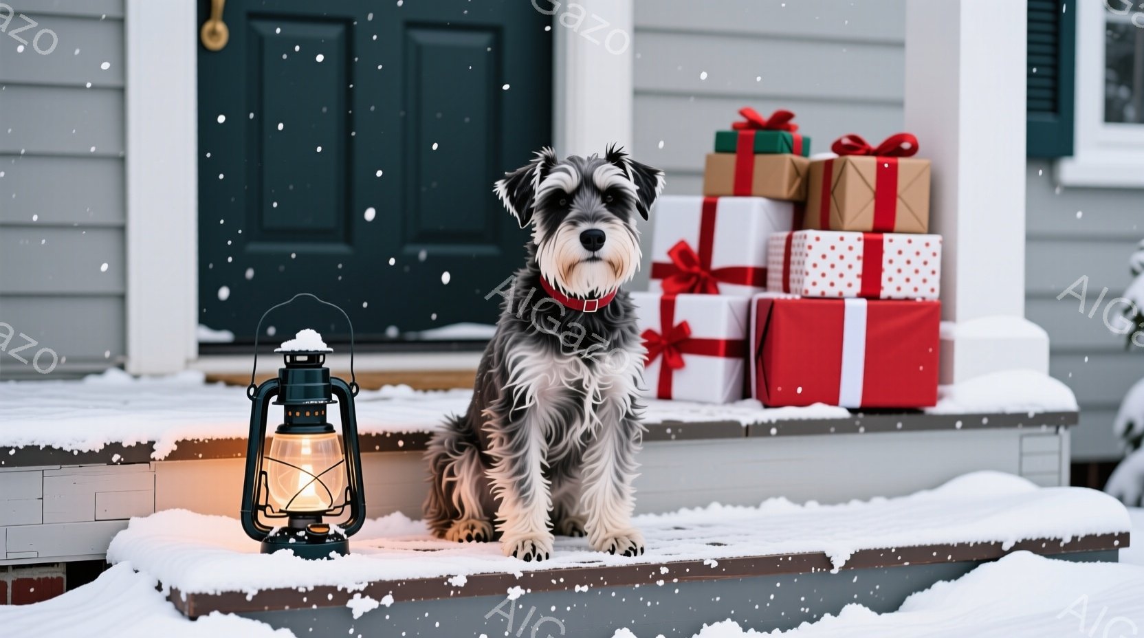 雪が降る家の外で、テリア犬がまっすぐ前を見て座っています。犬は首輪を付けており、背景にはプレゼントの山が積み上げられています。雪に覆われた階段と、点灯したランタンが暖かく穏やかな冬の雰囲気を醸し出して - AI生成フリー素材