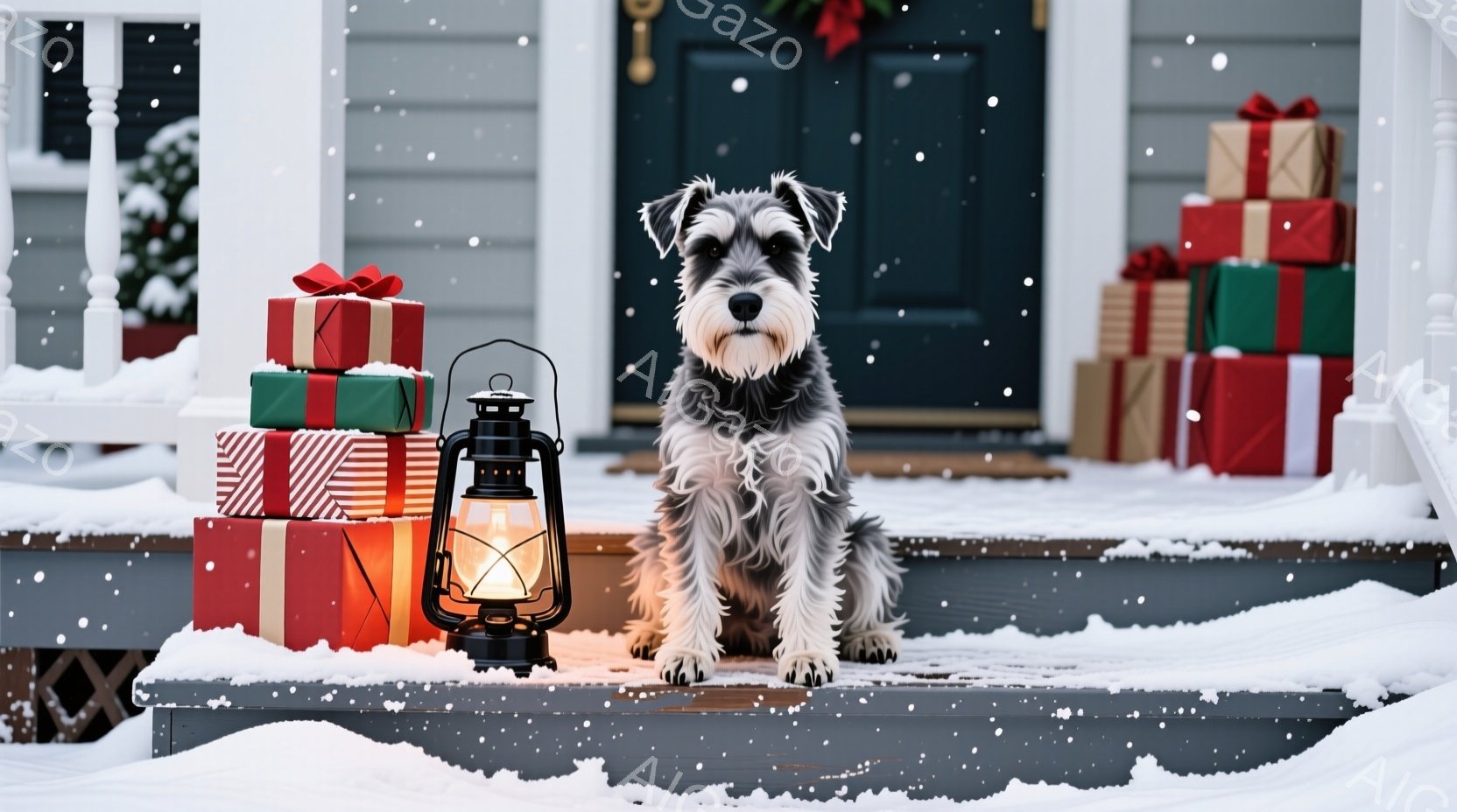 雪が降り積もった家の階段に、灰色のワイマラナーのような犬が座っています。犬は前をまっすぐ見ており、周囲には赤と緑のリボンで飾られたプレゼントの山と、点灯したランタンがあります。背景にはクリスマスリース - AI生成フリー素材