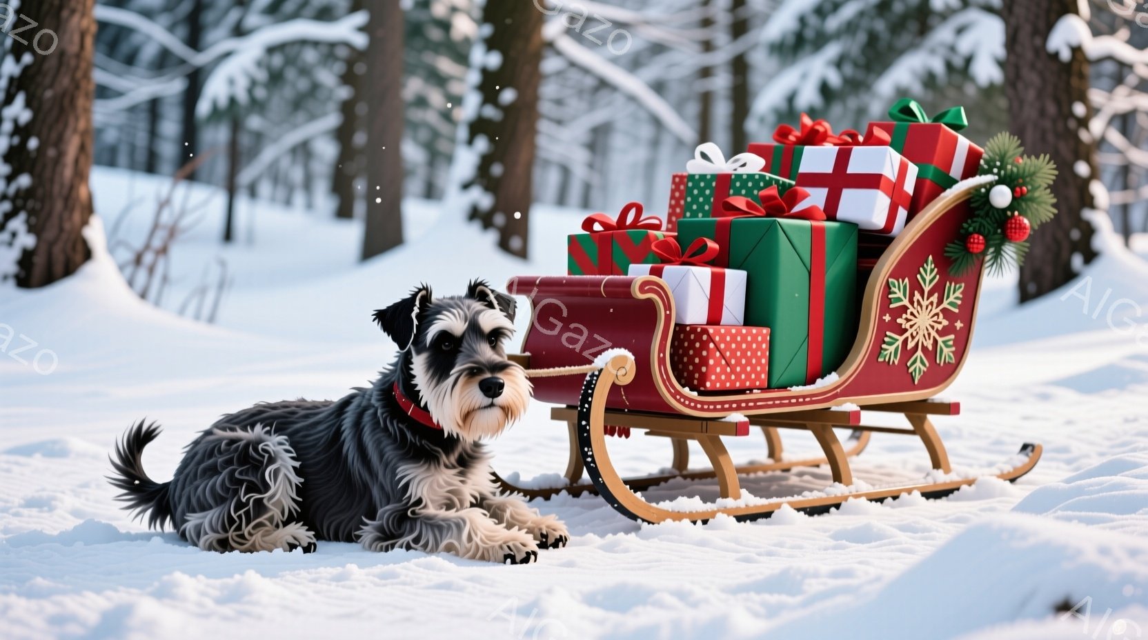 雪景色の中に、黒と白のテリア犬が赤いソリの隣に座っています。ソリには色とりどりのラッピングされたプレゼントが積み重ねられ、クリスマスの飾りで華やかさを添えています。背景には雪に覆われた木々が立ち並び、冬の静かで温かい雰囲気を醸し出しています。