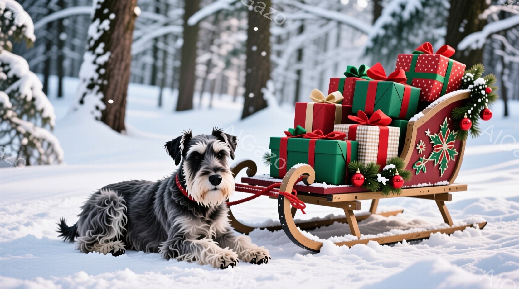 雪景色の中に、赤いそりにプレゼントが積み上げられています。テリア犬がそりの横に伏せており、赤い首輪をつけています。背景には雪に覆われた木々が立ち並び、穏やかでクリスマスの雰囲気を醸し出しています。