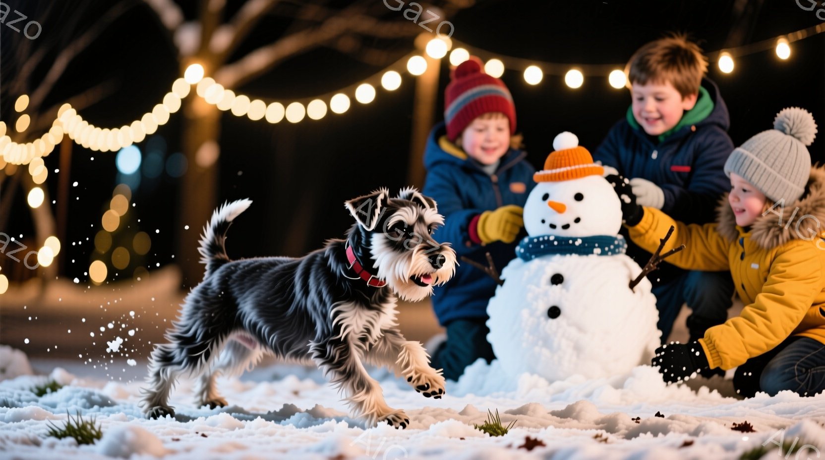 雪景色の中で、2人の少年と1匹のテリア犬が楽しそうに遊んでいます。少年たちはそれぞれ青と黄色の防寒着を着ており、雪だるみを仕上げている最中です。犬は雪の中を走り回り、嬉しそうに尻尾を振っており、背景にはぼんやりと木々が見え、上には温かい光を放つイルミネーションが飾られています。