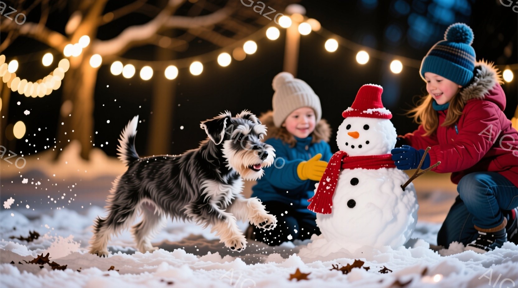 雪が降る夜、幼い女の子とテリア犬が雪だるまの周りで楽しんでいる様子が描かれている。女の子は赤いジャケットと青いニット帽を被り、黄色い手袋をはめて雪だるまの腕を作っている。テリア犬は嬉しそうに駆け寄り、雪の中で躍動している様子が伺え、背景にはぼんやりとした木々と電飾が暖かく光っている。