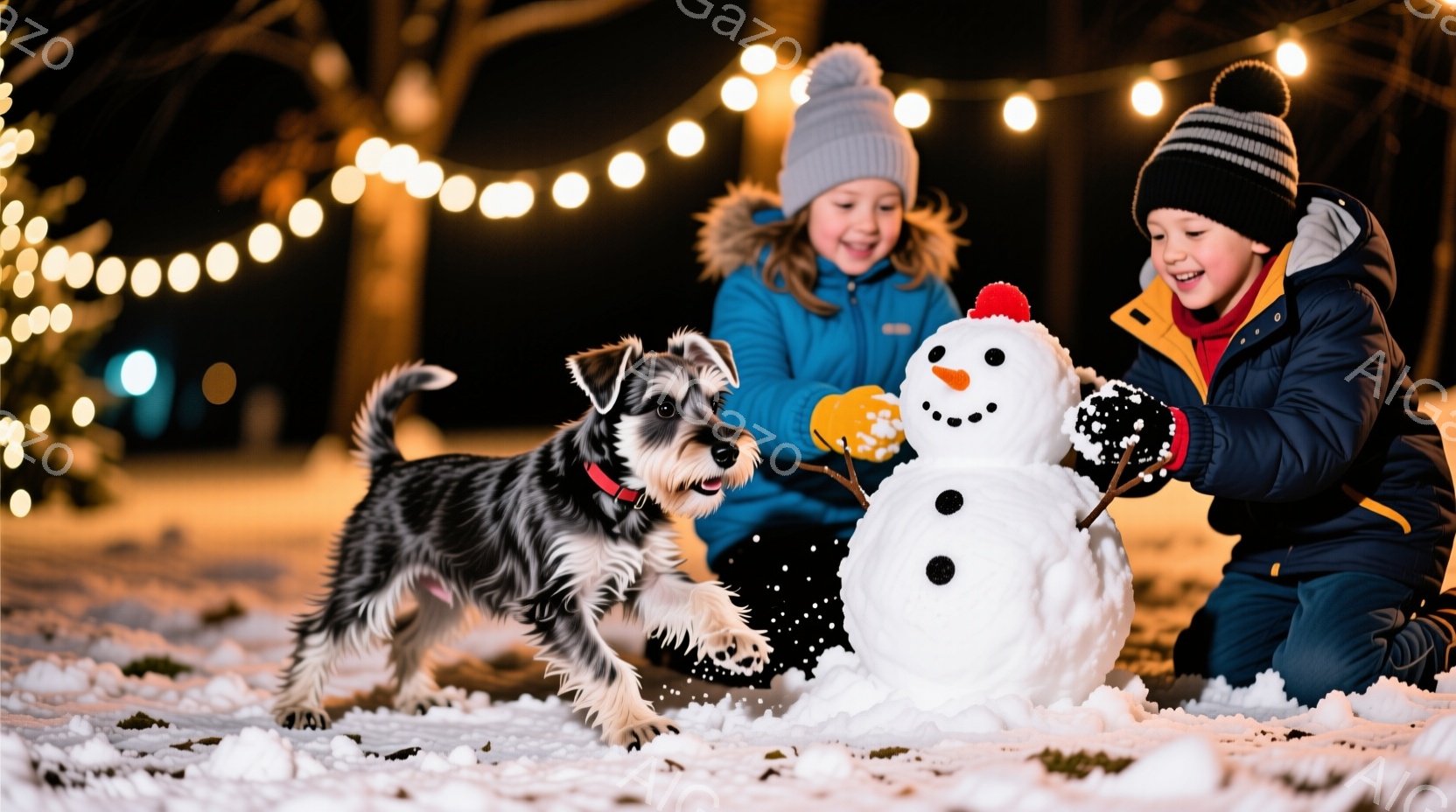 雪景色の中で、少女と少年が雪だるまを作っている様子が描かれています。少女は青いジャケットとニット帽を被り、嬉しそうに雪だるまの腕を作っています。少年は青いズボンとジャケットを着て、雪だるまに目と口を付 - AI生成フリー素材