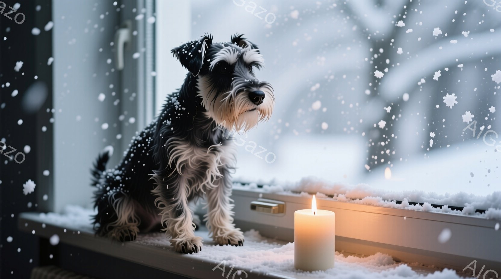 小さなヨークシャーテリアが、クリスマスツリーの前に座ってこちらを見ています。その毛並みは茶色と白が混ざり合い、ふわふわとしています。背景には、赤や金色のオーナメントで飾られたクリスマスツリーと、プレゼ - AI生成フリー素材