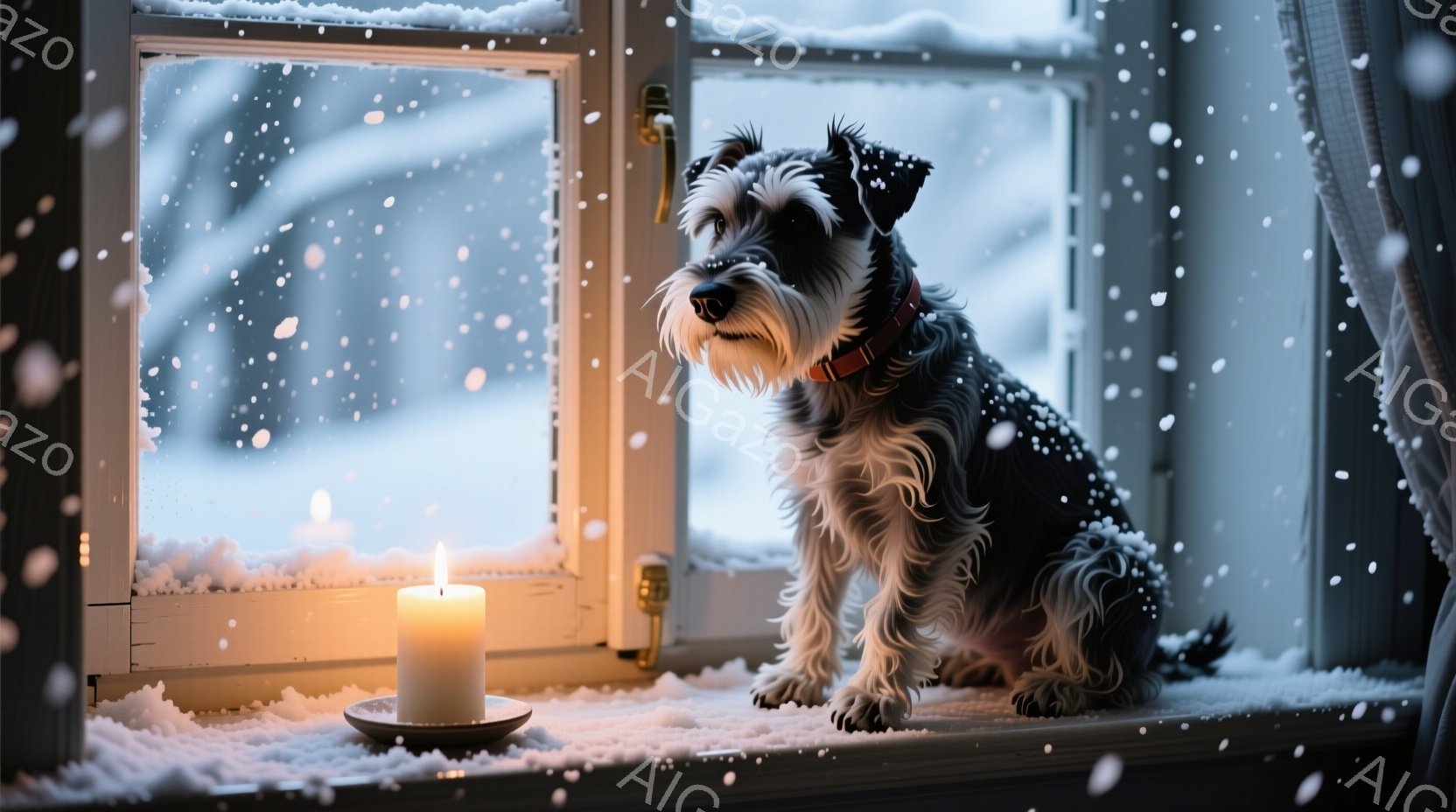 窓辺に座るテリア犬が写っている。外は雪が降り積もり、犬は窓の外の景色を物憂げに見つめている。白い窓枠のそばには、灯りがともったキャンドルが置かれ、暖かく、静かな冬の雰囲気を醸し出している。 - AI生成フリー素材
