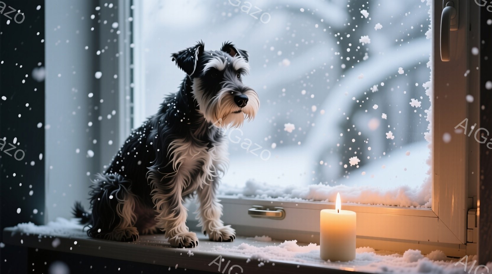 白い窓枠に黒いミニチュアシュナウザーが座り、雪景色を見つめている。窓の外は雪が降り積もり、冬の静けさが感じられる。隣には温かい光を放つキャンドルが置かれ、室内には穏やかで落ち着いた雰囲気が漂っている。 - AI生成フリー素材