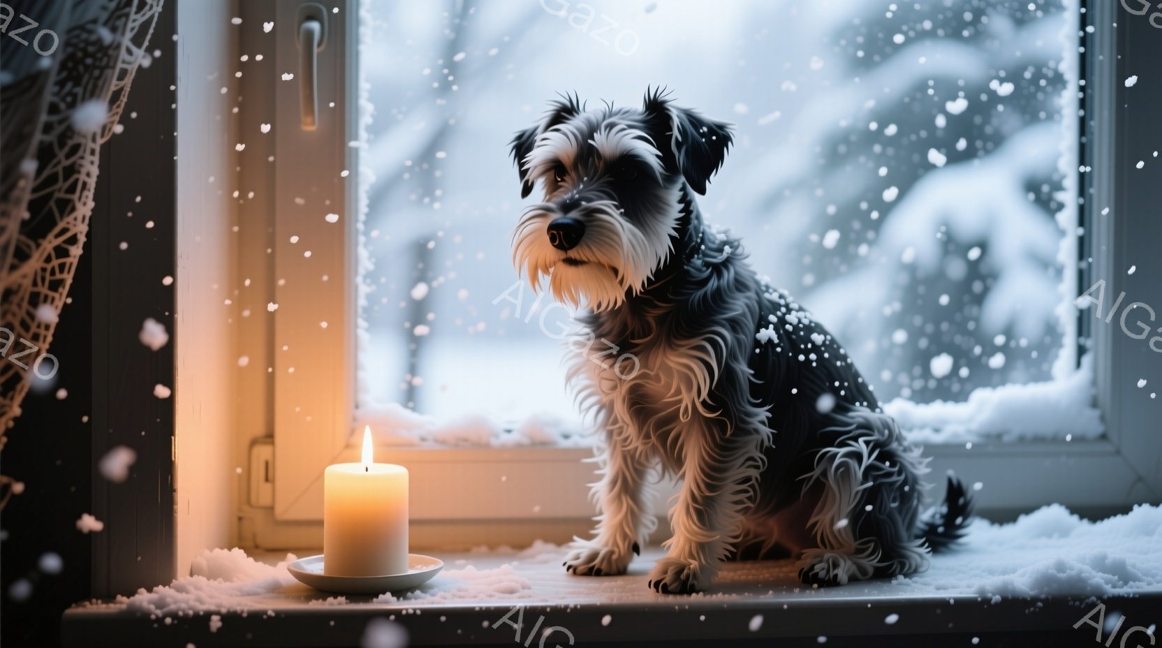 白い窓枠に、黒とグレーの毛並みを持つ小さな犬が座っています。その隣には、点灯したクリーム色のキャンドルが置かれており、窓の外は雪が降り積もる冬景色です。暖かく落ち着いた雰囲気で、犬は少し物憂げな表情で - AI生成フリー素材