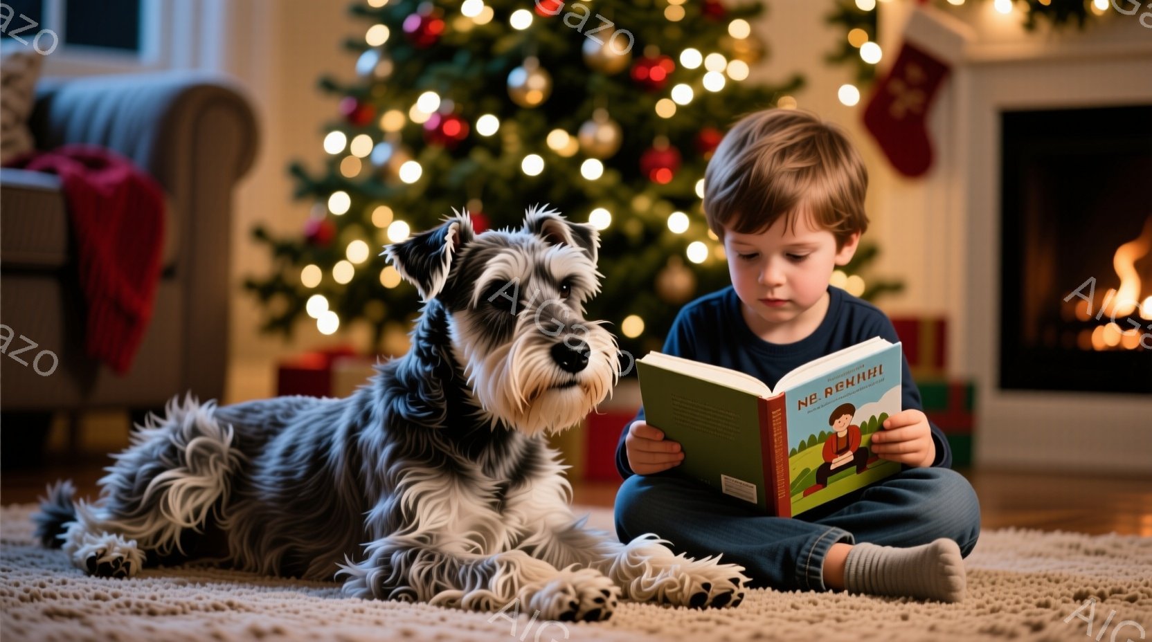 少年はカーペットの上に座り、膝を曲げて本を読んでいます。彼の髪は短く整えられ、顔には集中した表情が見られます。背景にはクリスマスツリーが飾られ、暖炉の火が灯り、温かく心地よい家庭的な雰囲気が漂っていま - AI生成フリー素材