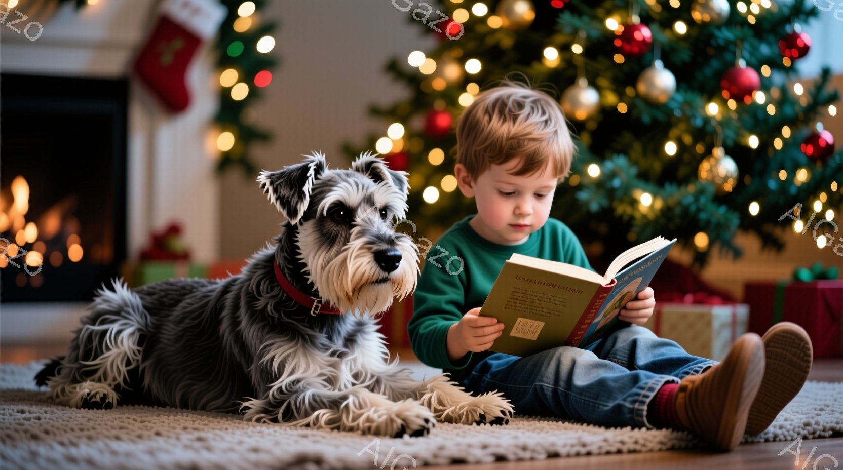 少年は緑色の長袖シャツに茶色のズボンを履き、床に座って本を読んでいます。彼の横には、灰色のテリア犬が寄り添い、赤い首輪をつけてリラックスした様子です。背景には、飾り付けられたクリスマスツリーやプレゼン - AI生成フリー素材