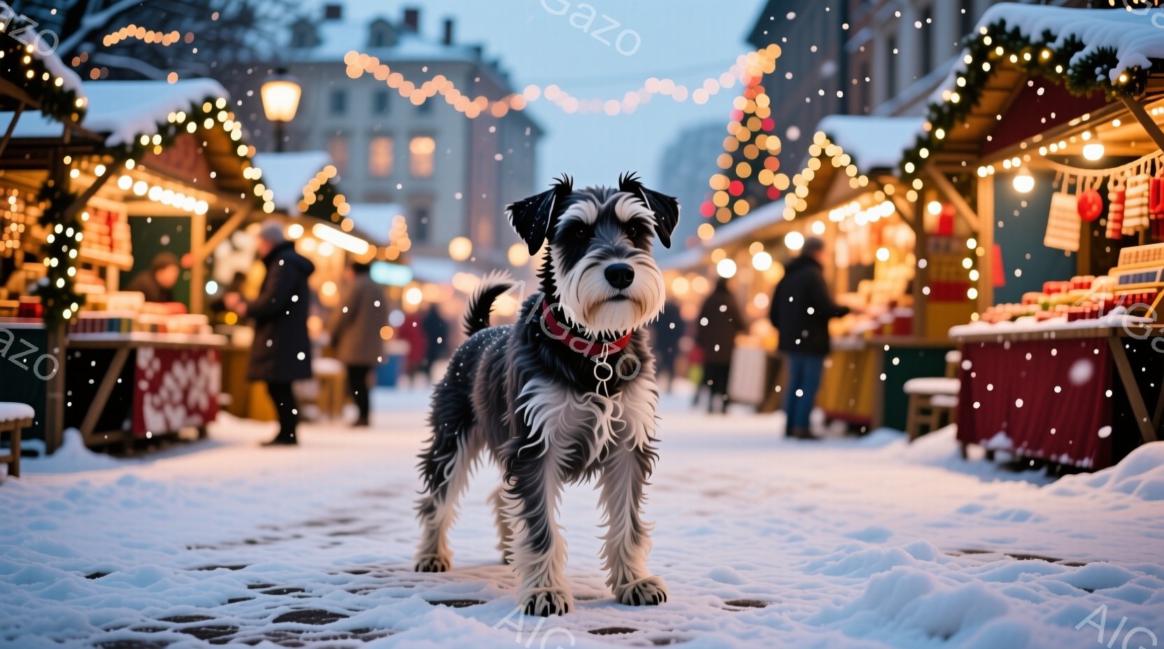 雪が降る市場の真ん中に、テリア犬が立っている。犬は灰色の毛並みで、赤い首輪をつけており、まっすぐ前を見て少し警戒した表情をしている。背景には、クリスマスマーケットのような屋台が並び、多くの人が歩き、温かい光が灯っている。