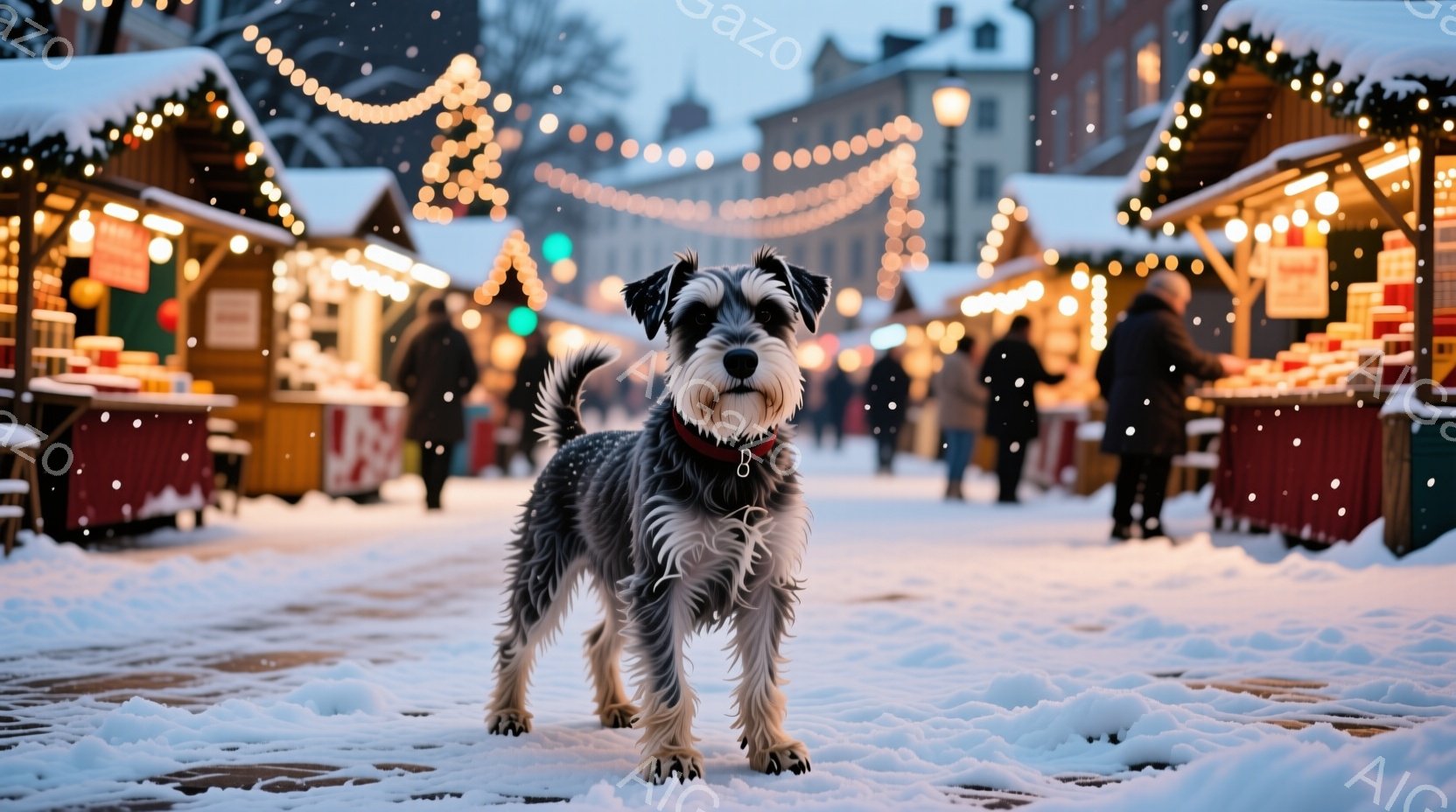 雪が降る賑やかなクリスマスマーケットの通りに、テリア犬が立っている。犬は灰色の毛並みで、赤い首輪を付けており、前足は白い。背景には木製の屋台が並び、クリスマスの飾り付けがされており、暖かい光が灯っている。