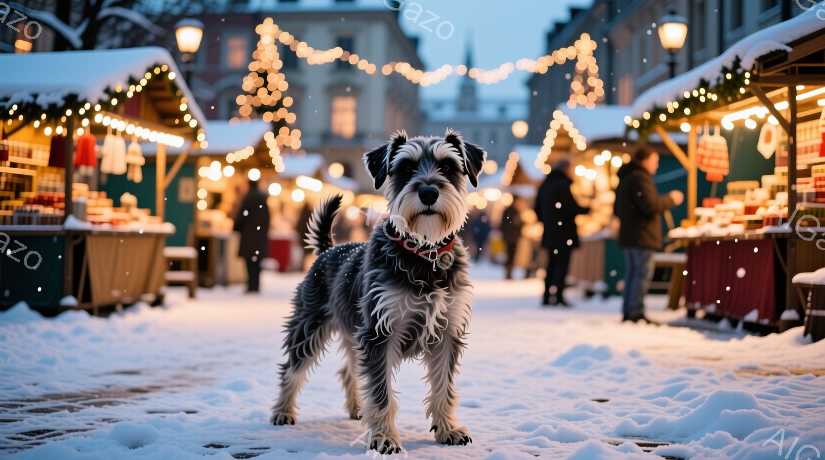 雪が降り積もる市場で、テリア犬がカメラの方をまっすぐ見つめている。犬は黒と白の毛並みで、赤い首輪をつけており、自信に満ちた表情をしている。背景には、ライトアップされた屋台が並び、多くの人が歩いており、冬の祭りの温かく賑やかな雰囲気が感じられる。