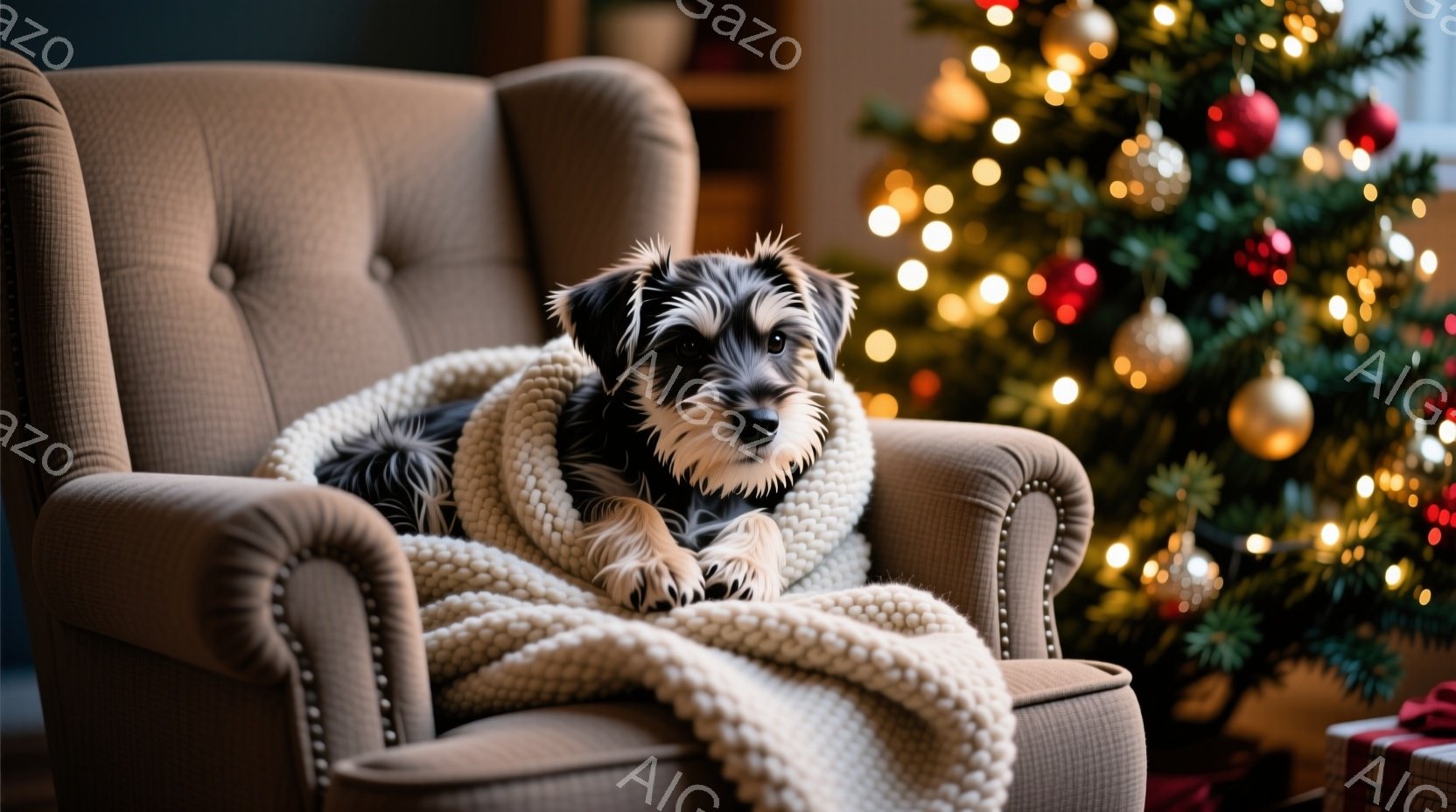 小さな黒い犬が、鋲で飾られた背もたれの椅子に丸まって座っており、白い編み物のブランケットが体に巻き付いています。その表情は穏やかで、どこか物憂げな様子が伺えます。背景には、キラキラと輝くクリスマスツリ - AI生成フリー素材