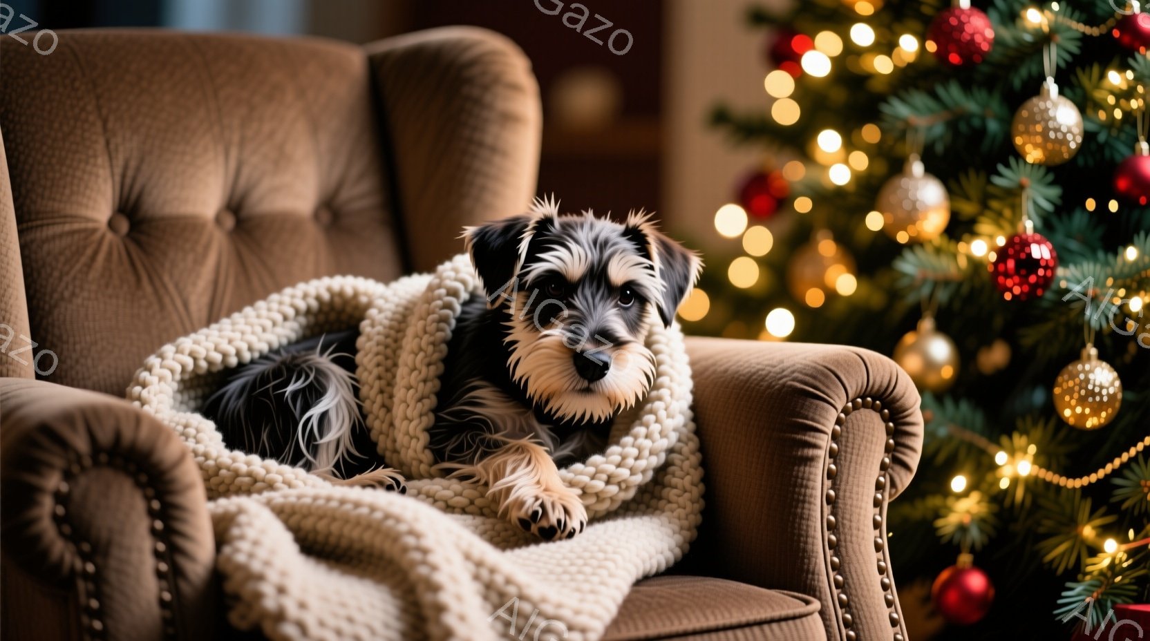 雪が降る中で、ヨークシャーテリアが家の階段に立っています。背景にはクリスマスリースが飾られた玄関ドアがあり、灯りが暖かく照らされています。全体的に、冬の温かく穏やかな雰囲気が漂い、まるでクリスマスの絵葉書のようです。