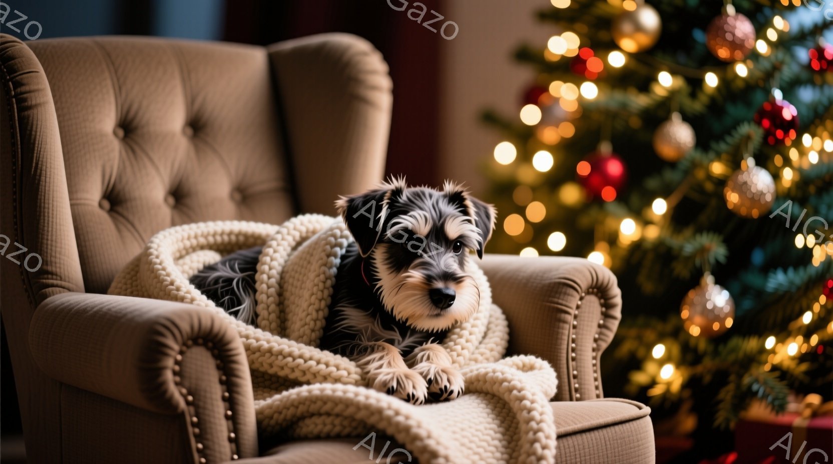 黒と白のテリア犬が、鋲が施されたキャメル色の肘掛け椅子の座席に丸まって座っています。犬はオフホワイトのざっくり編みのブランケットに包まれ、リラックスした表情でカメラの方を見ています。背景にはぼやけたク - AI生成フリー素材