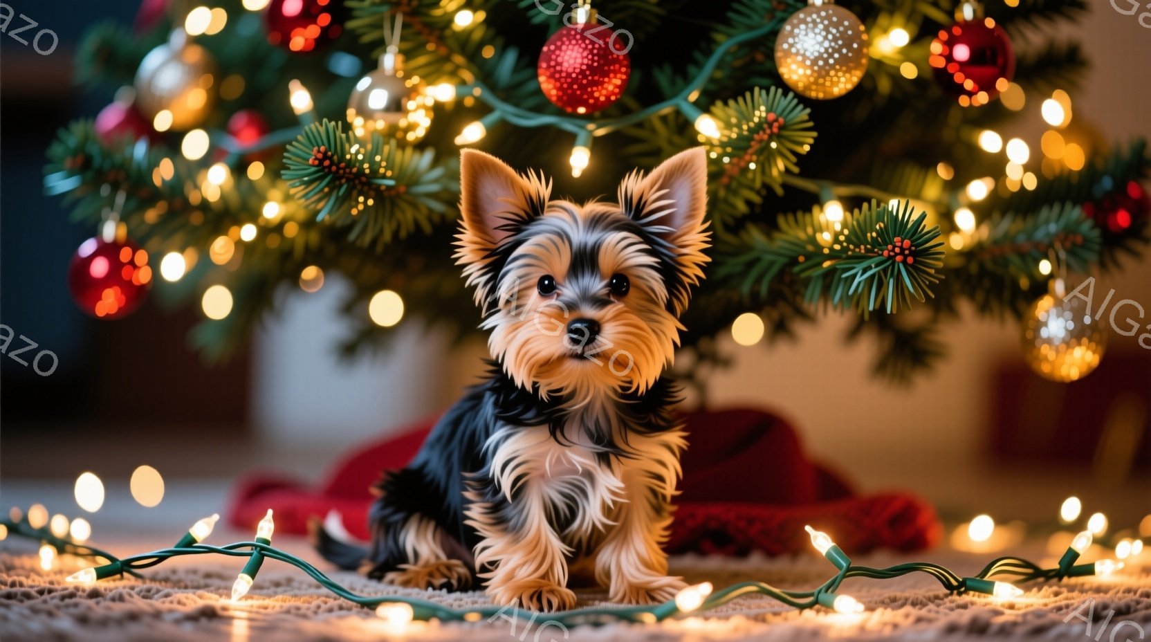 暖炉のそばでクリスマスツリーを背景に、ヨークシャーテリアの子犬が座っています。子犬は茶色と黒の毛並みで、つぶらな瞳でこちらを見ており、愛らしい表情をしています。背景には飾り付けられたクリスマスツリーと - AI生成フリー素材