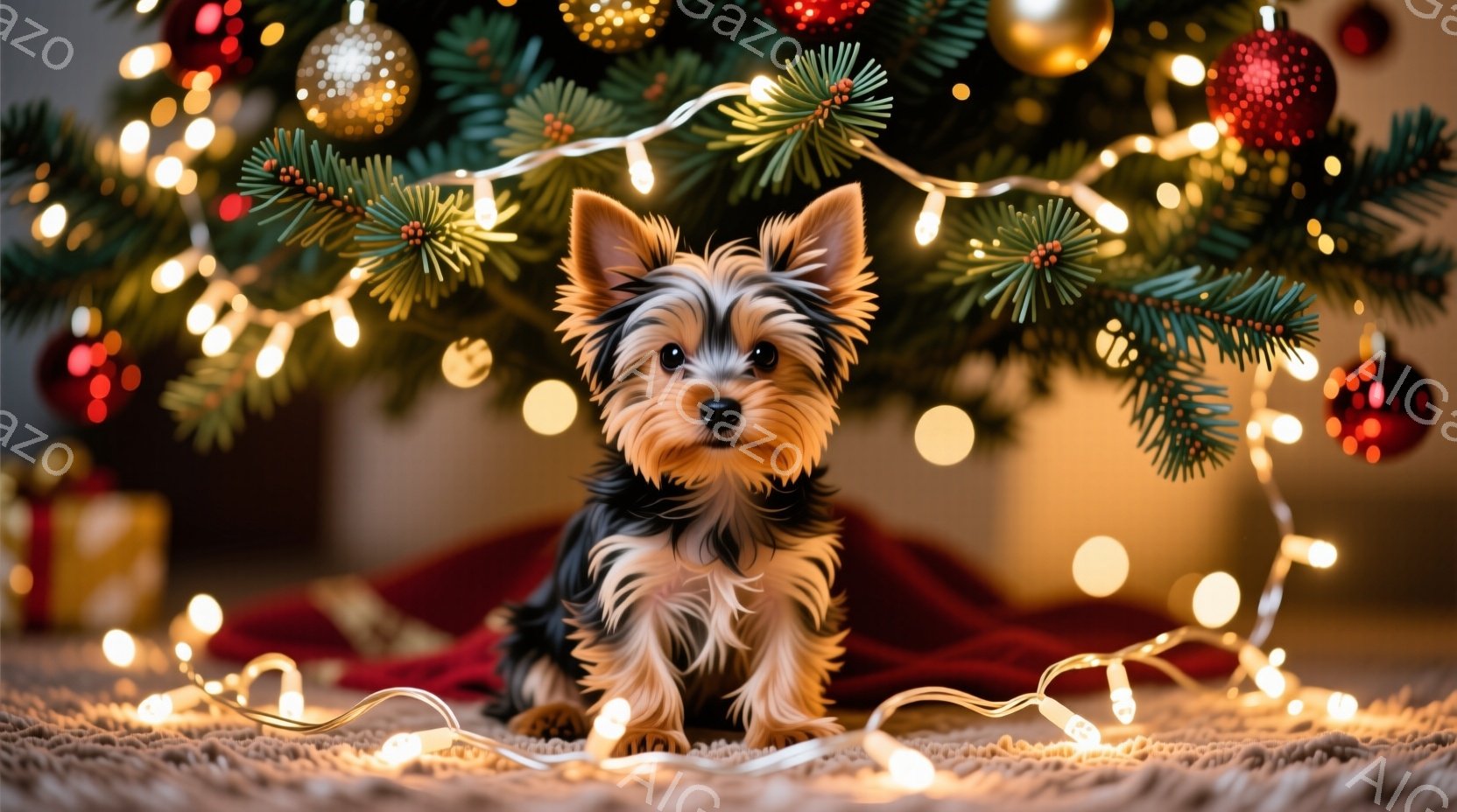 小さなヨークシャーテリアが、赤色の敷物の上で、クリスマスツリーの前に座っています。ツリーは緑の飾りと、赤や金のオーナメントで飾られ、温かい光が灯っています。背景はぼかされており、全体的に暖かく、お祝い - AI生成フリー素材