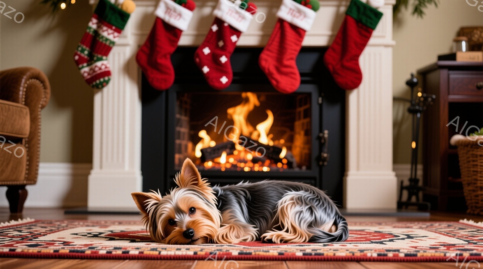 暖炉の前でヨークシャーテリアが床の絨毯に横たわっている。背景には、クリスマスソックスが飾られた暖炉と、木製の家具が見える。全体的に暖かく、穏やかなクリスマスの雰囲気が漂っている。 - AI生成フリー素材