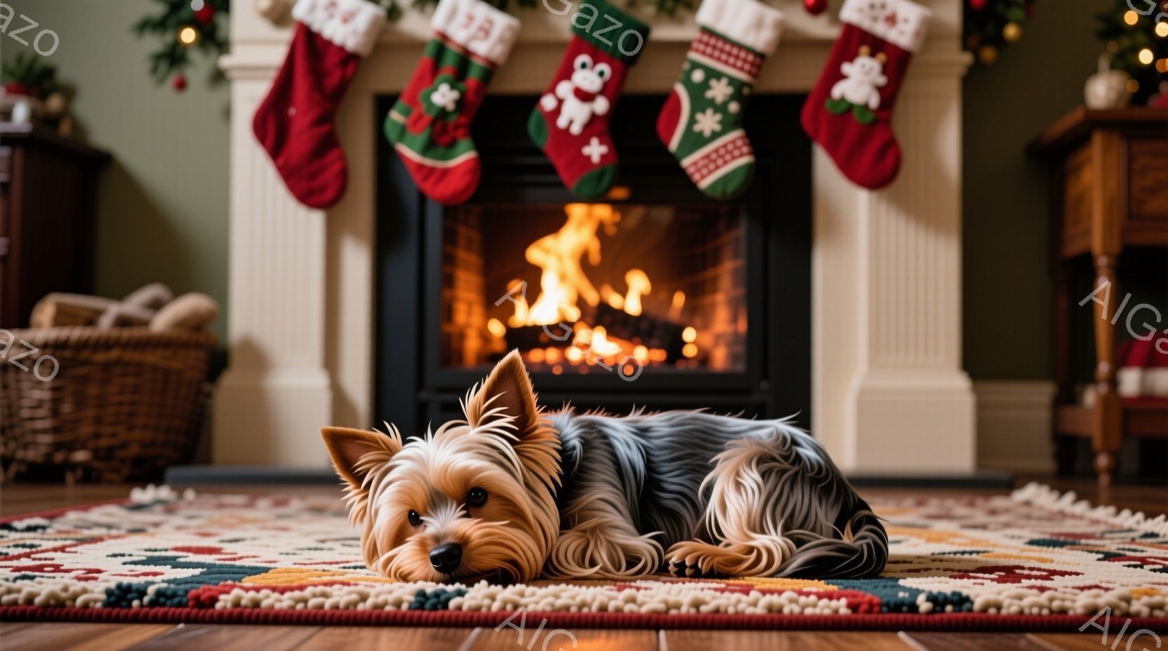 暖炉の前でヨークシャーテリアが横たわっており、リラックスした様子が伺えます。背景にはクリスマスソックスが飾られた暖炉があり、部屋全体が温かく、心地よい雰囲気を醸し出しています。鮮やかな色のラグが部屋にアクセントを加えており、クリスマスの雰囲気を高めています。