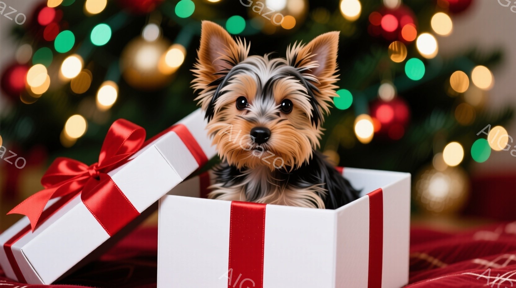 白いギフトボックスの中に、ふわふわのヨークシャーテリアの子犬が座っています。子犬は茶色と黒の毛並みで、好奇心と少しの戸惑いが混じった表情でカメラを見つめています。背景には、ぼやけた赤いクリスマスツリー - AI生成フリー素材