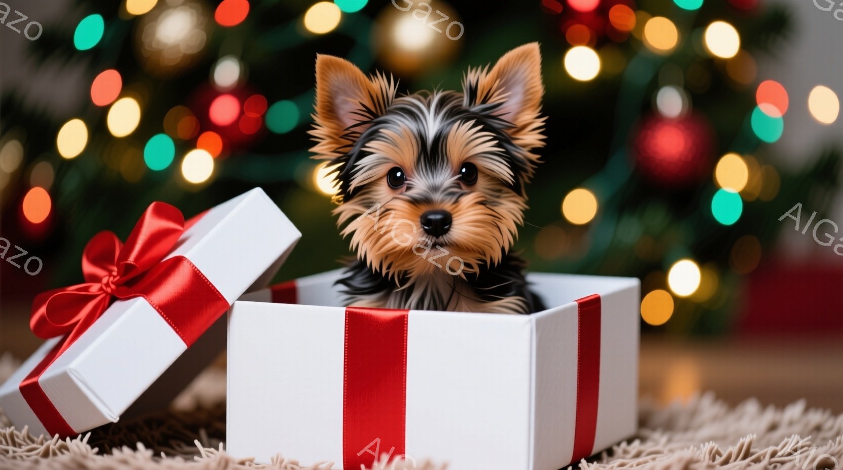 白いギフトボックスの中に、ふわふわのヨークシャーテリアの子犬が座っています。子犬は茶色と黒の毛並みで、好奇心と遊び心に満ちた表情をしています。背景にはぼやけたクリスマスツリーの光が散りばめられ、暖かく - AI生成フリー素材