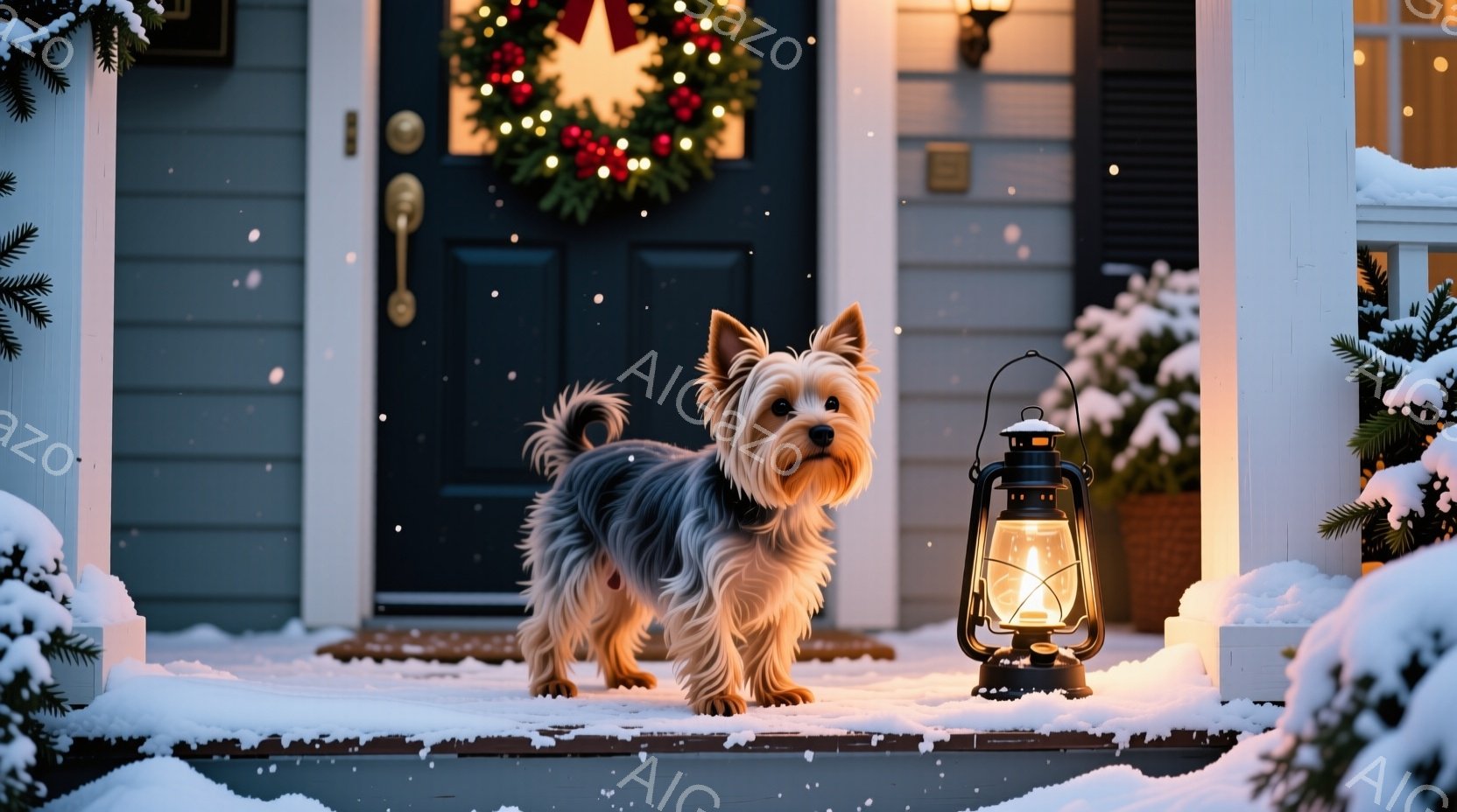 雪が降る家の玄関先に、ヨークシャーテリアが立っている。犬は明るい色の毛並みを持ち、少し前に傾いた姿勢でカメラを見つめている。背景にはクリスマスのリースが飾られた玄関ドア、雪で覆われた植物、そして暖かく - AI生成フリー素材