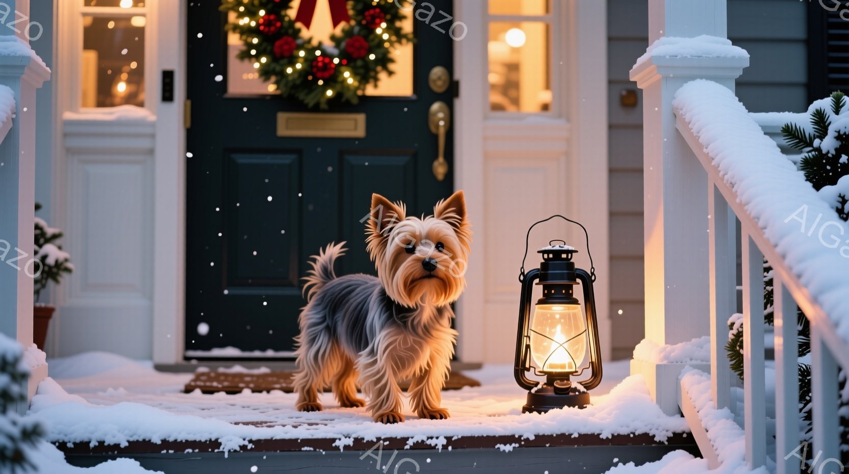 雪が降り積もった家の外階段に、ヨークシャーテリアが立っている。後ろにはクリスマスリースが飾られた玄関ドアがあり、暖かく光るランタンが犬を照らしている。雪景色と光のコントラストが、温かく穏やかな冬の雰囲 - AI生成フリー素材