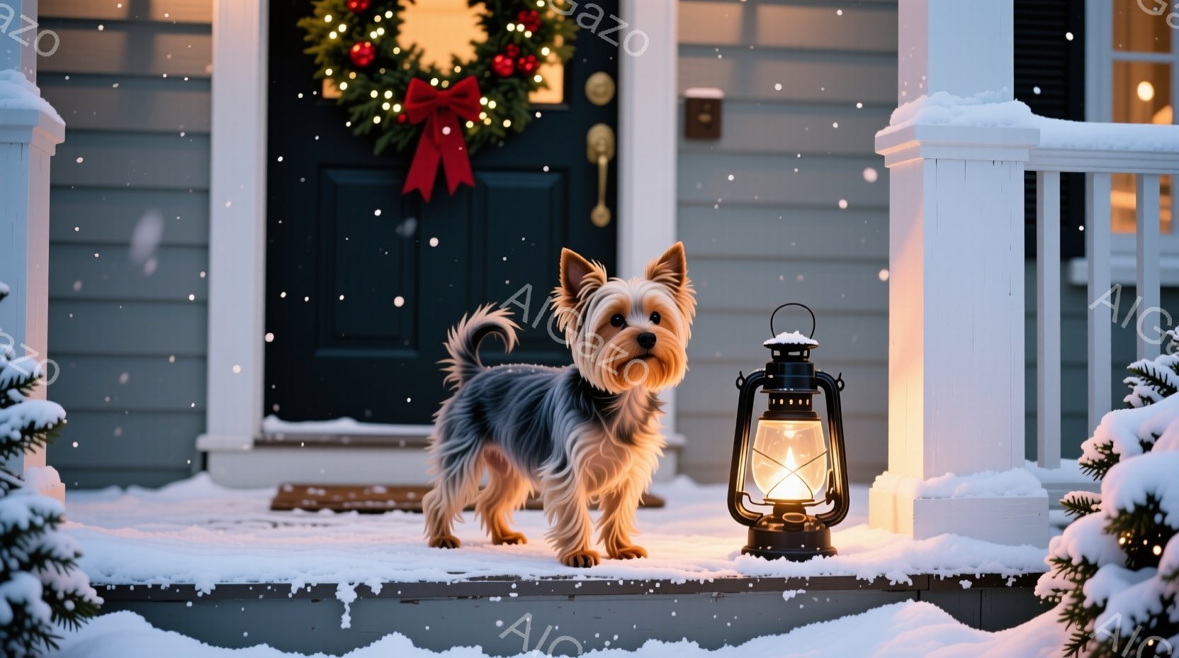 雪が降る家の玄関前に、ヨークシャーテリアが立っている。犬は灰色の毛並みで、前をまっすぐ見ており、少し警戒しているような表情をしている。背景にはクリスマスリースが飾られた玄関ドアがあり、光るランタンが犬 - AI生成フリー素材
