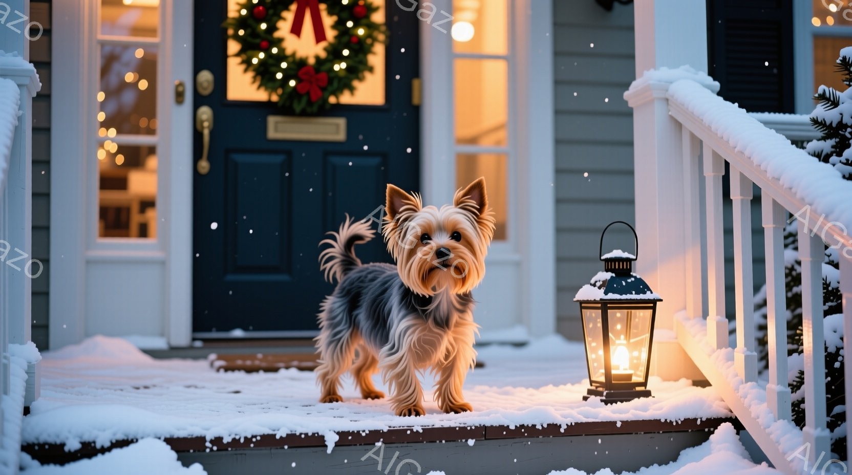雪が降る家の玄関のステップに、ヨークシャーテリアが立っている。犬は毛並みが良く、少し自慢げな表情で正面を見つめている。背景にはクリスマスリースが飾られた玄関ドアと、温かい光を放つランタンがあり、全体的 - AI生成フリー素材