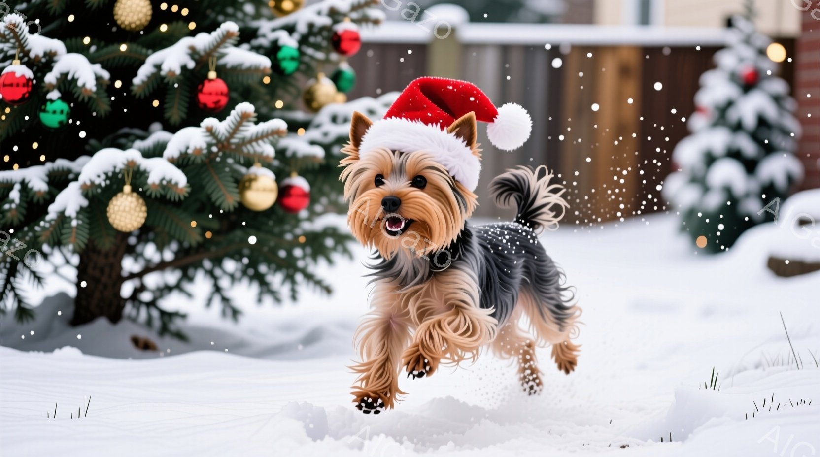 雪景色の中で、サンタの帽子をかぶったヨークシャーテリアが、雪の上を駆け抜けている。その表情は嬉しそうで、小さな体が躍動感に満ちている。背景にはクリスマスツリーが飾られ、冬の暖かく、楽しい雰囲気を醸し出 - AI生成フリー素材