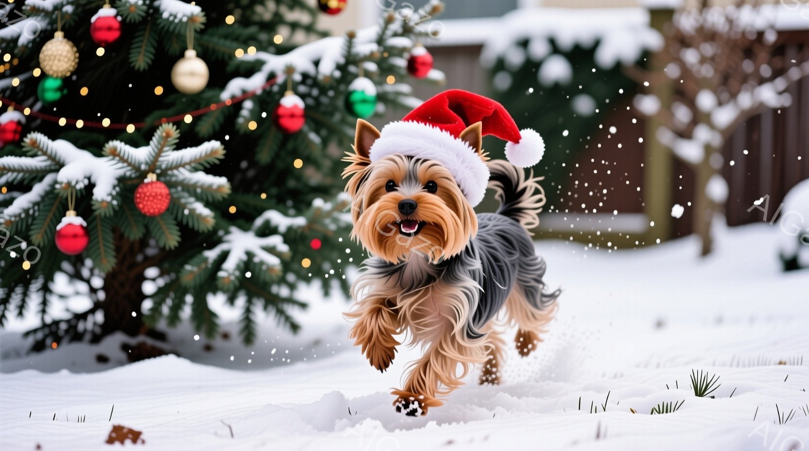 雪景色の中、サンタの帽子を被ったヨークシャーテリアが駆け抜けている。毛並みが美しく、嬉しそうな表情で雪の中を走る姿は、クリスマスの陽気な雰囲気を象徴している。背景には飾り付けられたクリスマスツリーが見 - AI生成フリー素材