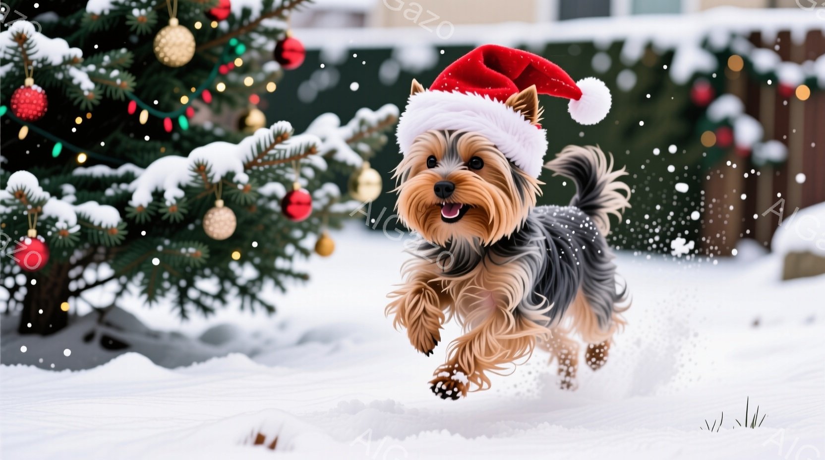 雪景色の中で、サンタ帽をかぶったヨークシャーテリアが勢いよく走り出している。犬は口を開けて嬉しそうに笑っており、背景にはクリスマスツリーが飾られた雪に覆われた庭が見える。全体的に、陽気で楽しいホリデー - AI生成フリー素材