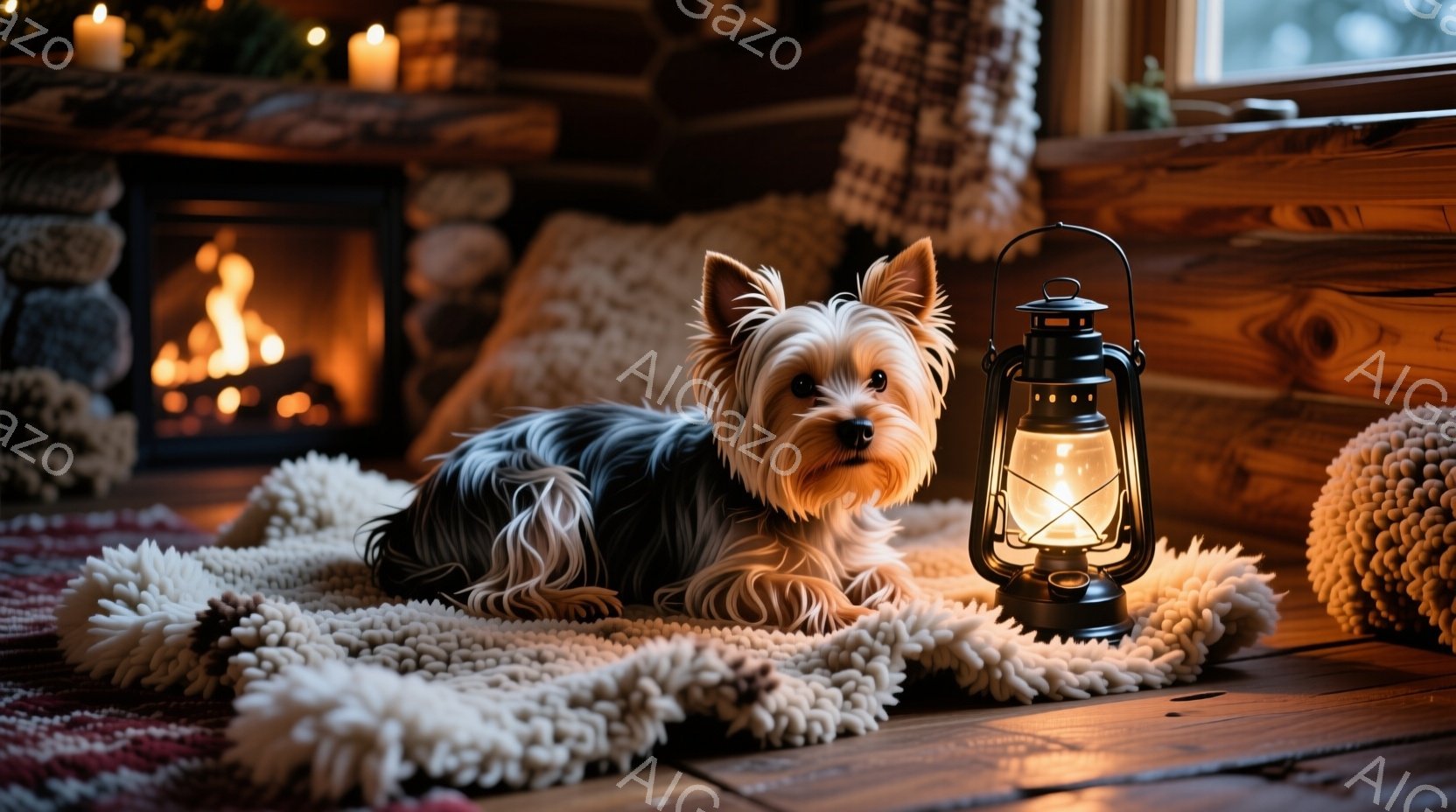 暖炉のある木の床に、ヨークシャーテリアが横たわっています。黒と白の毛並みが美しい犬は、リラックスした表情で、近くにあるランタンの光を浴びています。背景には、さまざまなテクスチャの敷物が敷かれ、暖かく居 - AI生成フリー素材