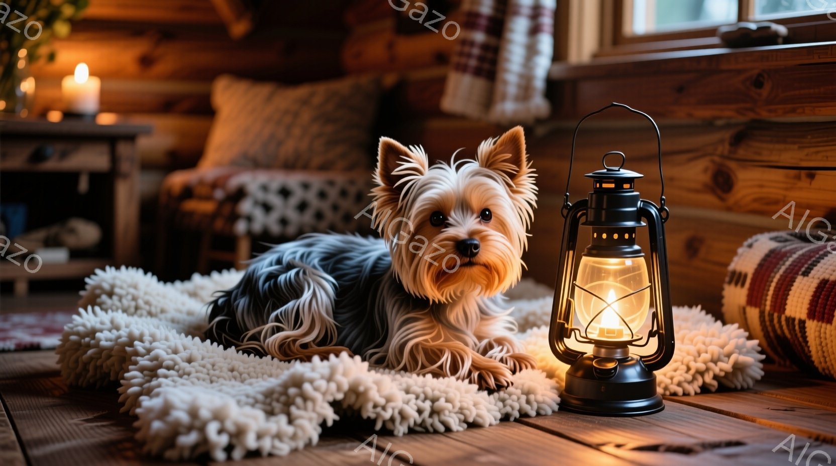 暖炉のある木製の床の上に、ヨークシャーテリアがふわふわの白いラグに乗って横たわっています。犬は茶色と白の毛並みで、正面を見て穏やかな表情をしています。背景には、燃えるランタンと、暖炉と家具がぼんやりと - AI生成フリー素材