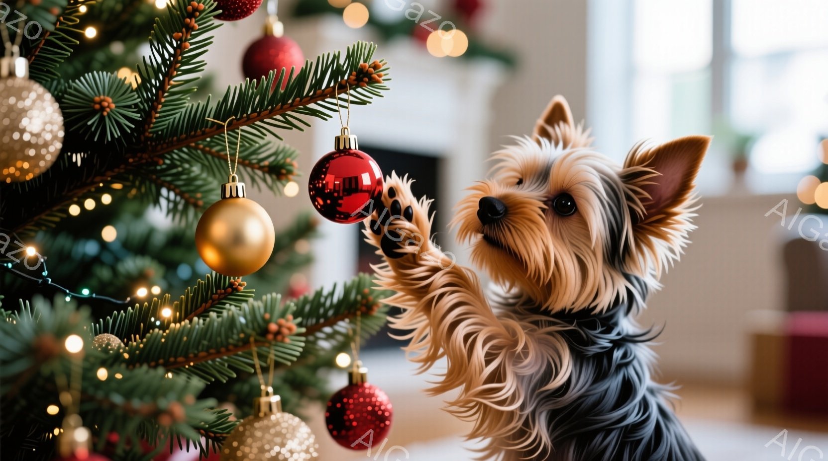 クリスマスツリーの枝に小さな犬が前足を伸ばして触れようとしています。犬はヨークシャーテリアで、ふわふわの毛並みと好奇心に満ちた表情が特徴的です。背景にはぼやけたクリスマス装飾が見え、温かく幸せな雰囲気が漂っています。