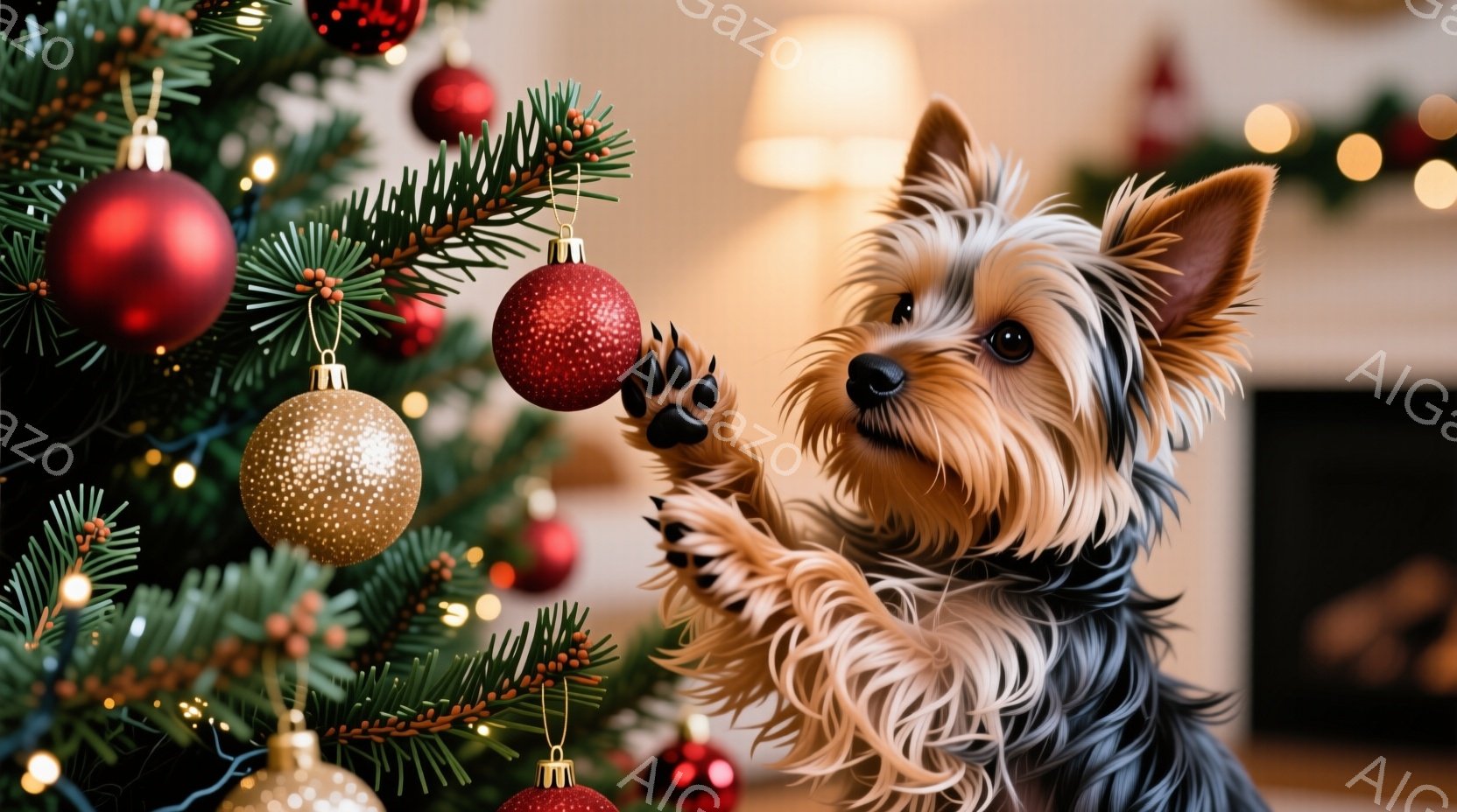 長毛のヨークシャーテリアがクリスマスツリーのオーナメントに手を伸ばしています。その犬は好奇心に満ちた表情で、片足を上げて楽しそうにオーナメントを捉えようとしています。背景には緑豊かなクリスマスツリーと - AI生成フリー素材