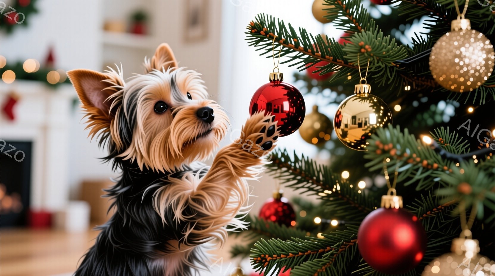 鮮やかな装飾が施されたクリスマスツリーに、ヨークシャーテリアが前足を伸ばして赤いオーナメントに触れようとしています。犬は好奇心に満ちた表情で、少し上目遣いをしており、その毛並みは滑らかで艶やかです。背景はぼやけていますが、暖かい光に包まれた室内で、クリスマスらしい穏やかな雰囲気が漂っています。
