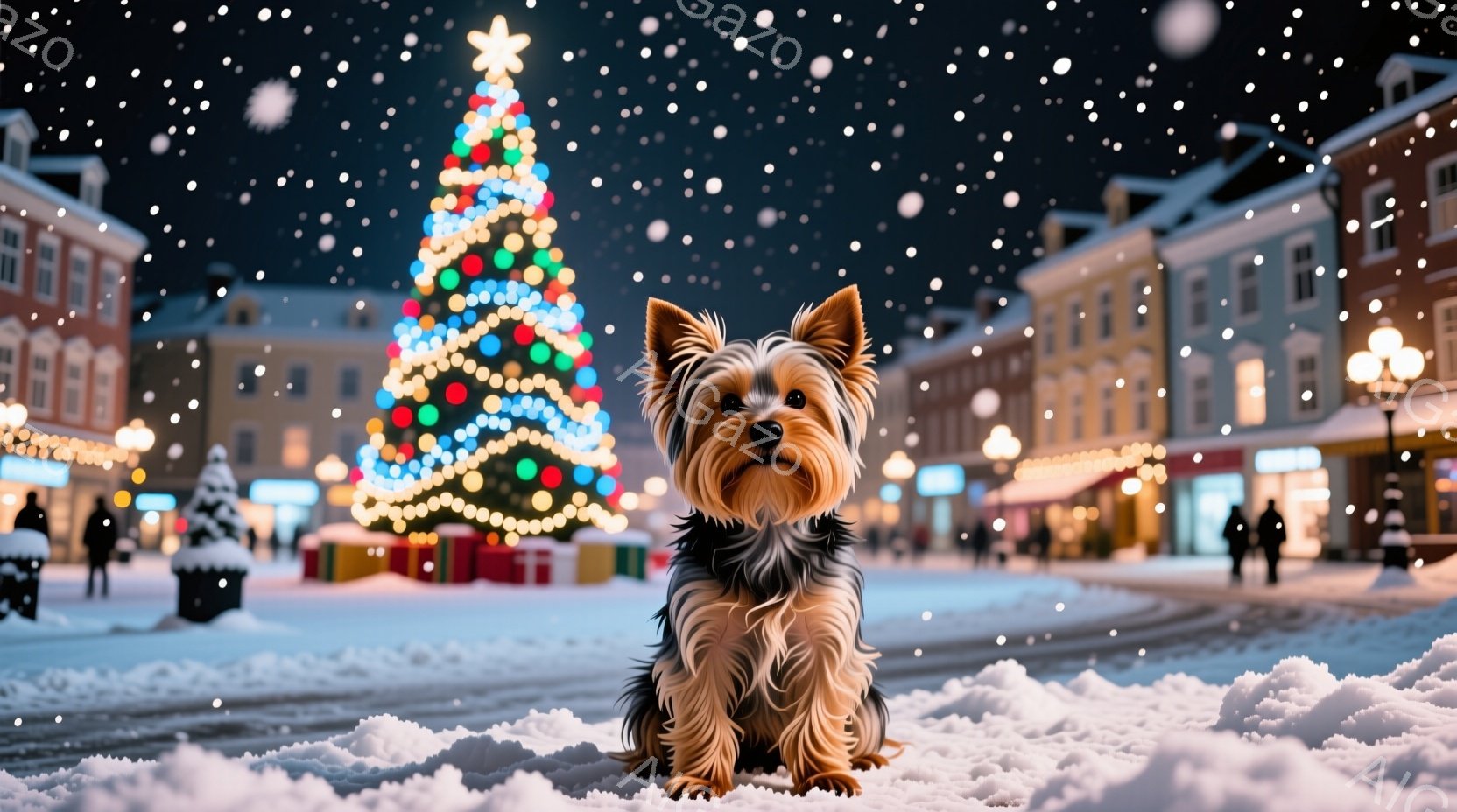 雪が舞う夜の街並みの中に、ヨークシャーテリアが座っています。背景には、カラフルなイルミネーションで飾られたクリスマスツリーがあり、遠くには商店や建物が灯りで彩られています。犬は前方をまっすぐ見つめ、毛並みはふさふさとしており、冬の温かい雰囲気を醸し出しています。