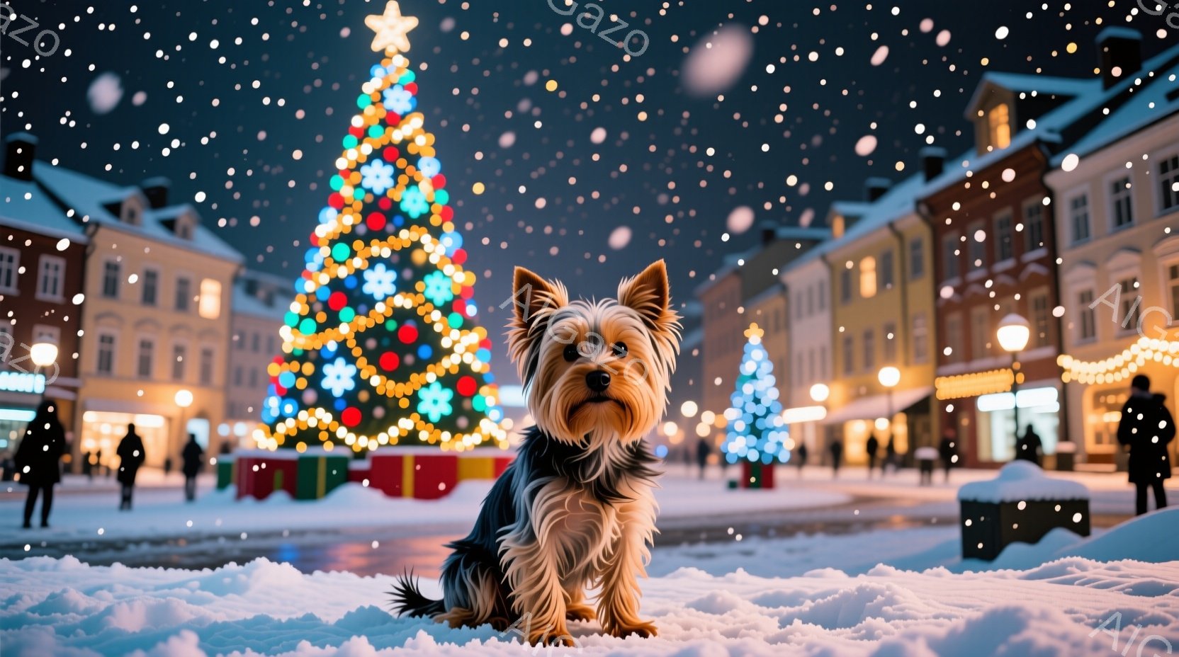 街の中心には雪が降り積もり、クリスマスツリーが明るく輝いている。ヨークシャーテリアが雪の上に座り、正面を見てカメラに向かって微笑んでいるように見える。背景には装飾された建物が並び、人々が散歩している様子がぼんやりと見える、温かく穏やかな冬の夜の雰囲気だ。